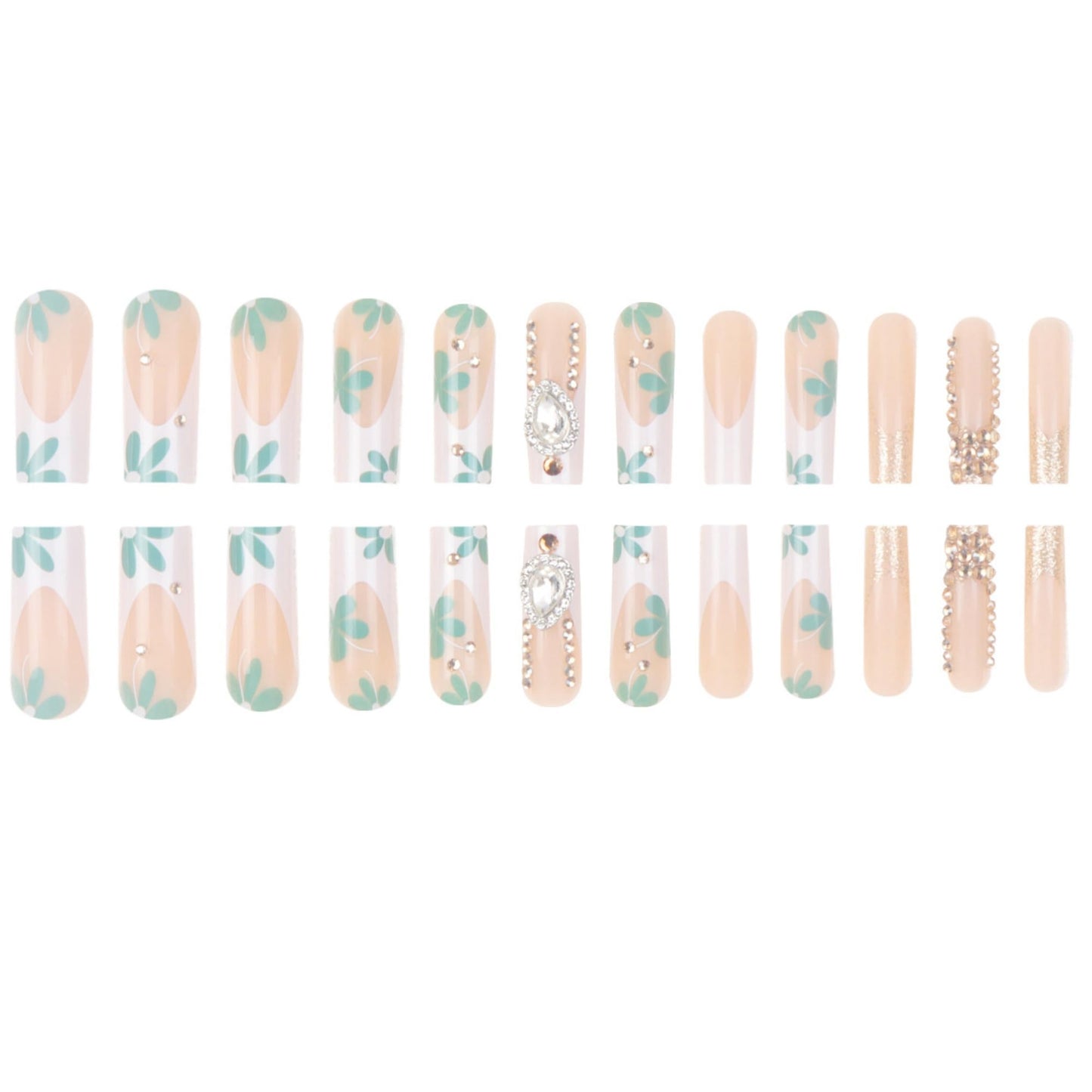 octoswave Press on Nails Long Square Fake Nails French White Artificial Nail 3D Rhinestones Stick on Nail for Women 24pcs