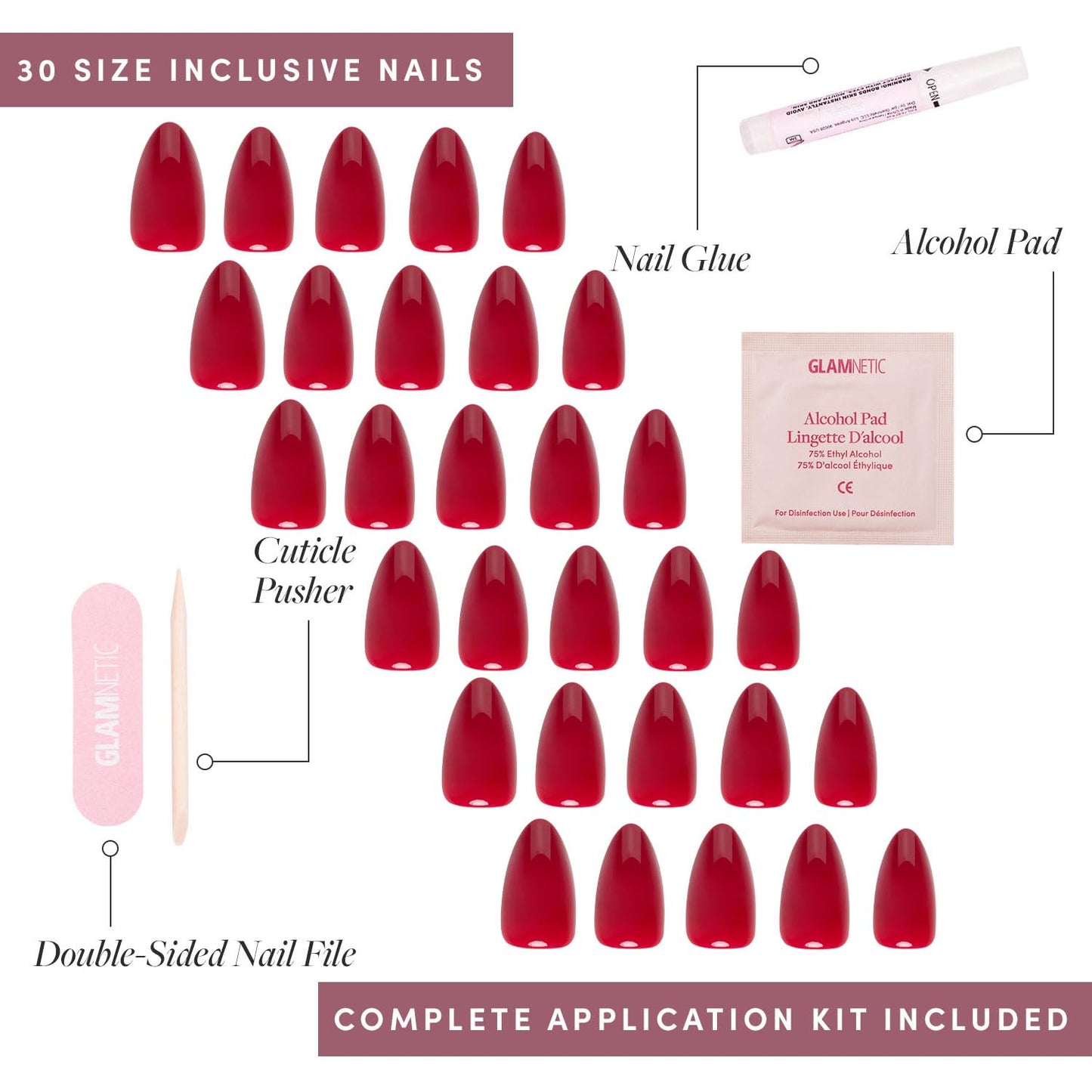 Glamnetic Press On Nails - Classic Red | Opaque Cool Tone, Timeless Red Short Almond Fake Nails, Salon Quality | 15 Sizes - 30 Nail Kit with Glue