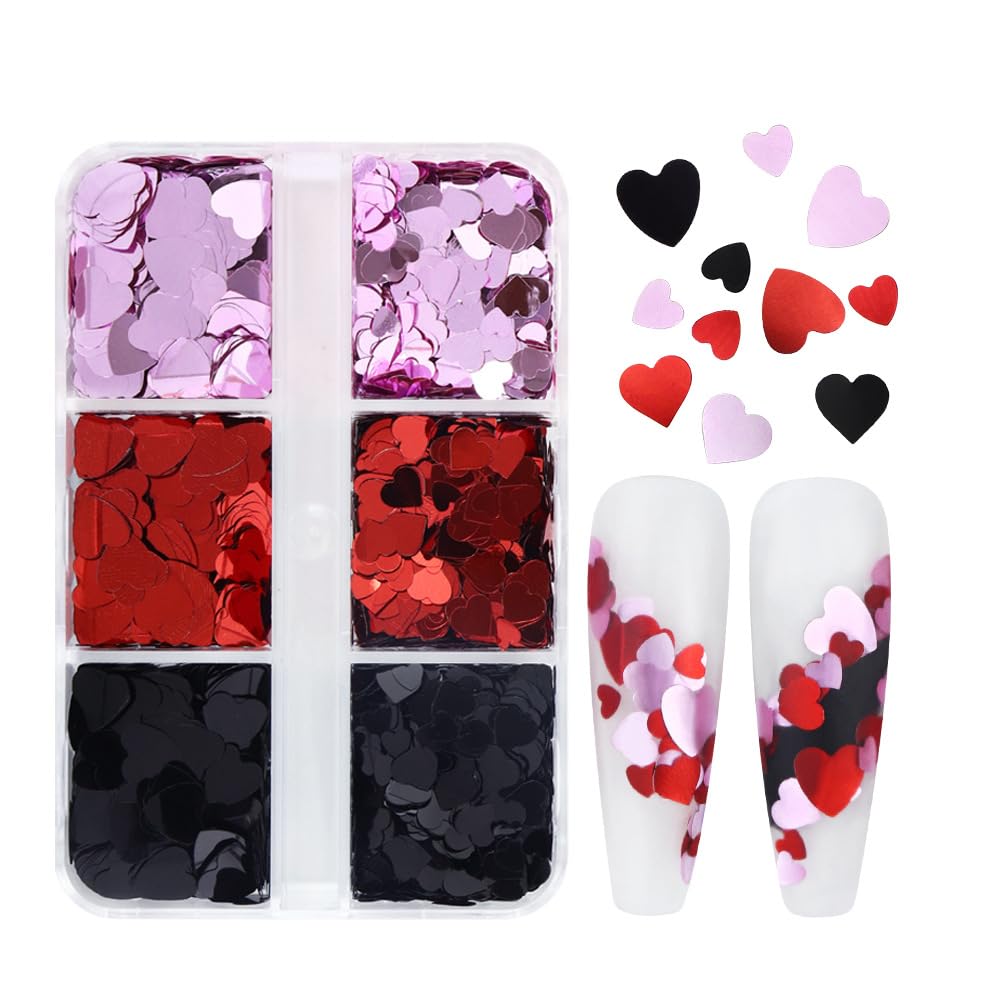 18Grids Valentine's Day Nail Art Glitter Sequins Kits 3D Heart Nail Glitters Valentine Nail Stickers Decal for Shining Flakes Red Pink Purple Heart Shaped Nail Design for Manicure Charms Decorations