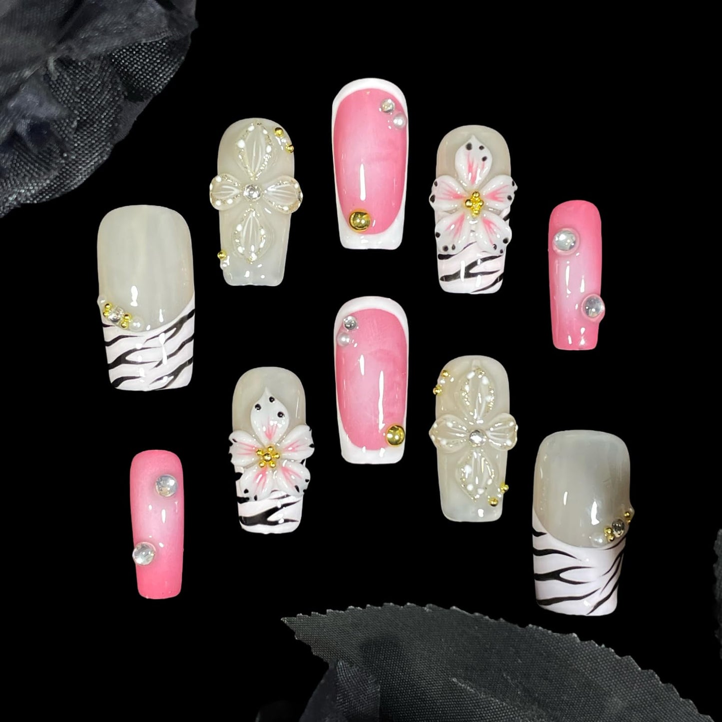 Handmade Press On Nails Short-Medium Square Bold Pink Zebra Stripes & 3D Floral | Glitter Flowers With Gold Accent | Reusable Acrylic Fake Nails for Parties & Daily (Pink Zebra, S)