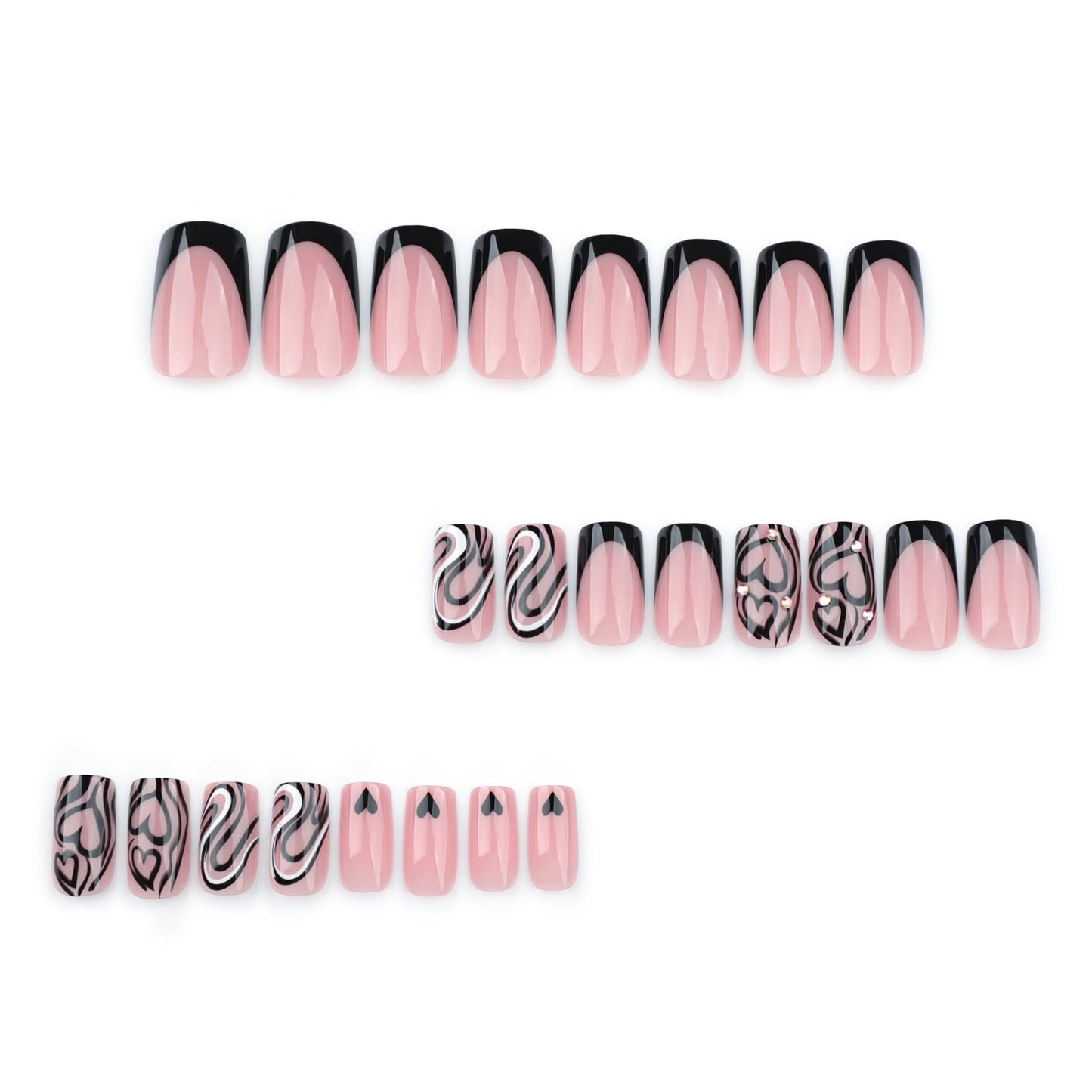 CTTHNBD Medium Press on Nails Square - Black French Tip Fake Nails with Heart Stripes Design - Rhinestone, Stick on False Nails - for Women 24 Pcs