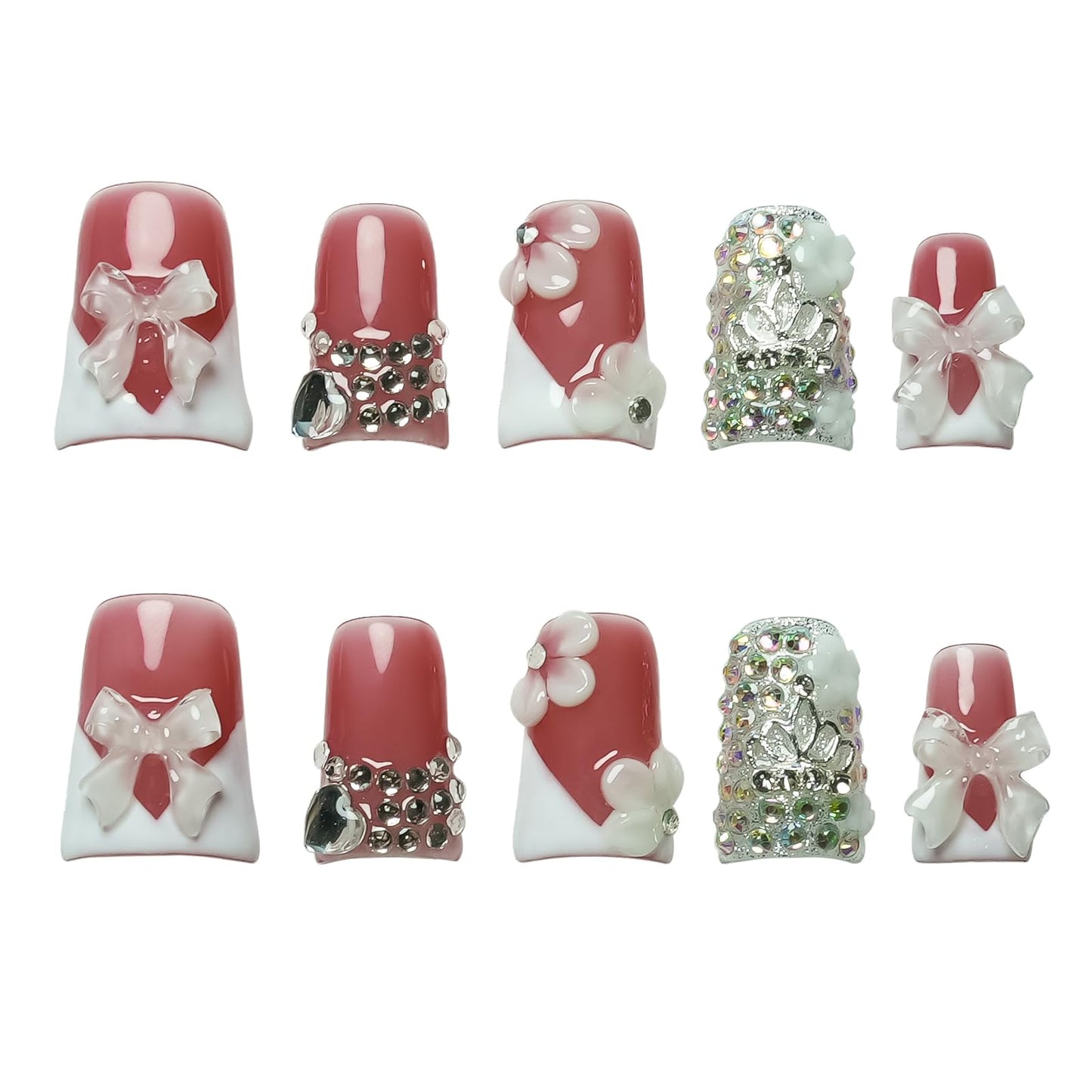 Tesytto Handmade Press on Nails Short Duck 3D White French Tip with V Design 3D Bow Flower Rhinestones Charms Nude Base Elegant Sturdy Art Pink 10 Pcs False Nails Set (Soft Pink Ivory Bow,S)