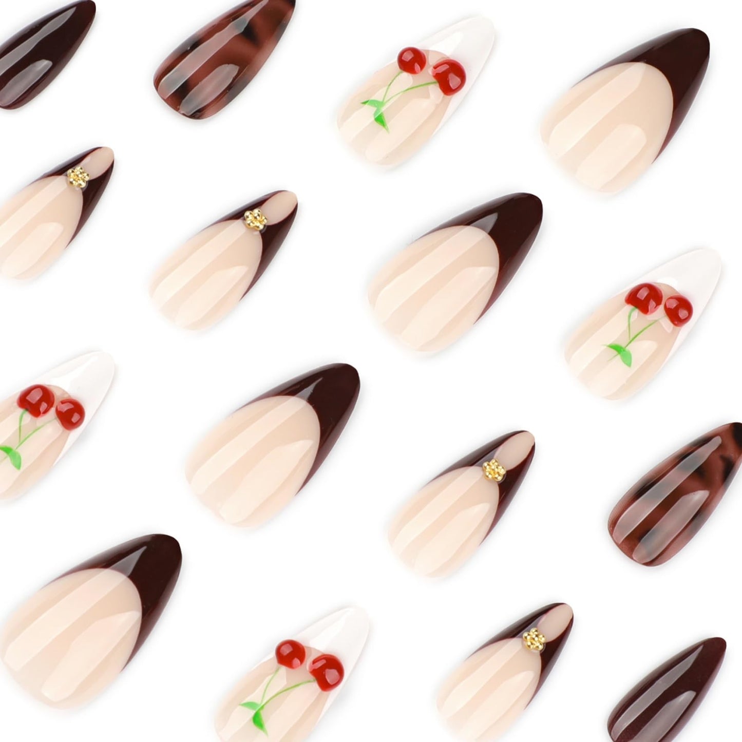 Medium Almond Press on Nails for Women,Cherry & Glitter Gradient,Fake Nails Artificial Stick on Nails Full Set