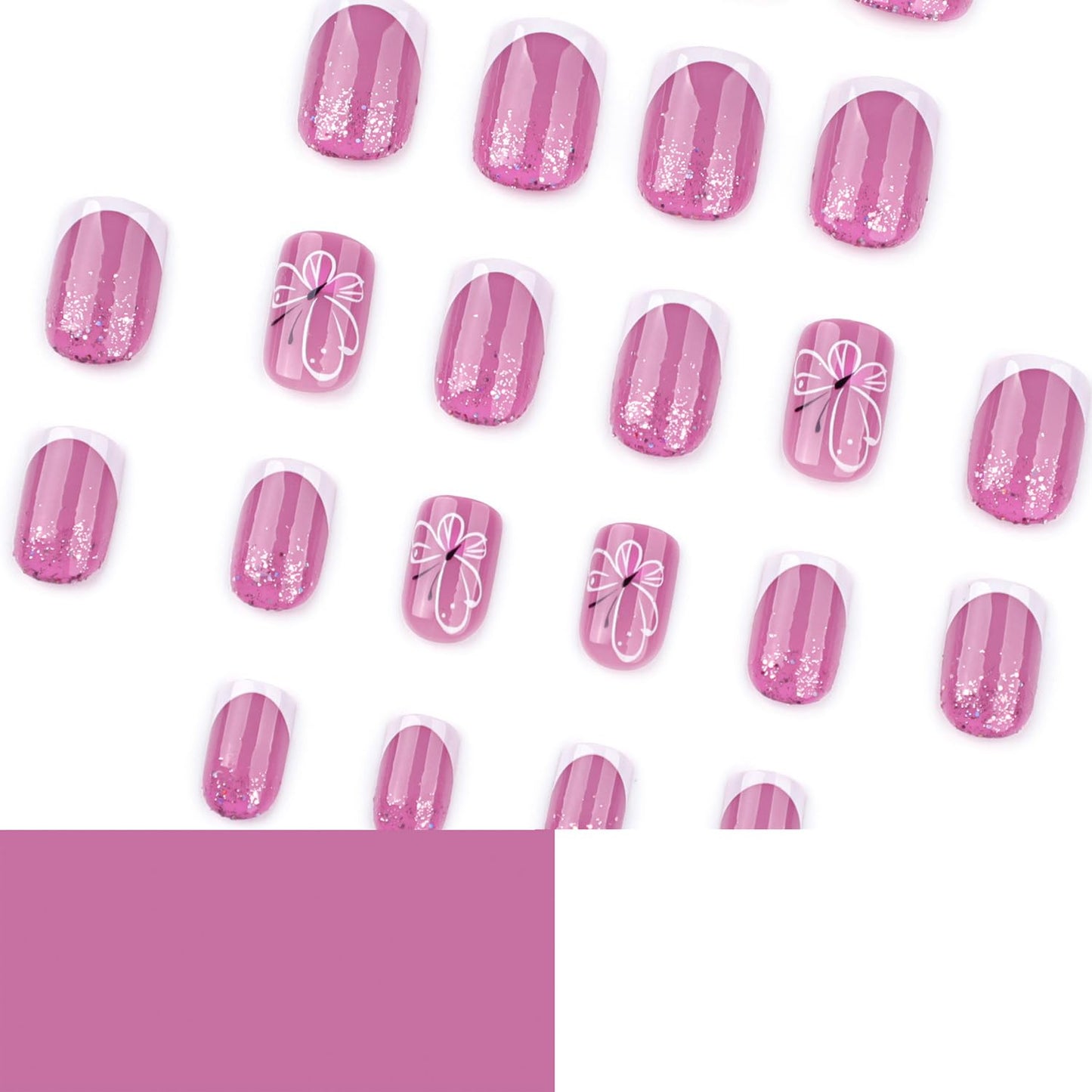 White French Tip Press on Nails Short Square Fake Nails with Butterfly Glitter Designs Summer Glue on Nail Reusable Artificial Extra Short Acrylic Full Cover Stick on Nail for Wedding Women 24 Pcs