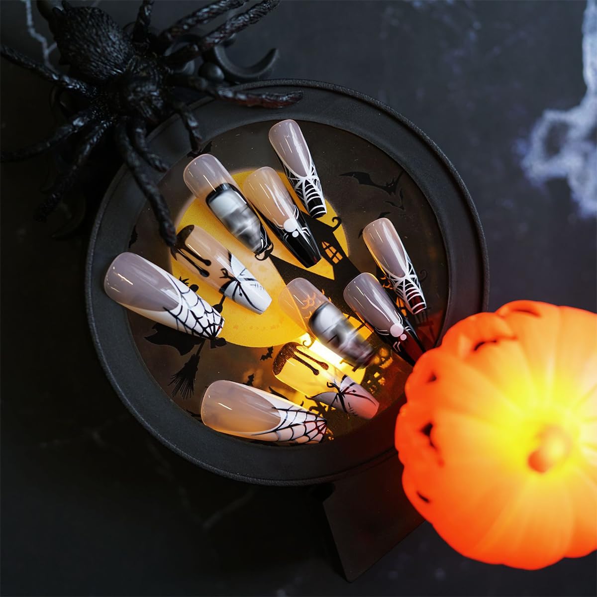 Halloween Press on Nails Long Coffin Fake Nails with Designs Spider Cobweb Ghost Pumpkin Glue on Nails Black French Tip False Nail Stick on Nail for Women Girls 24Pcs