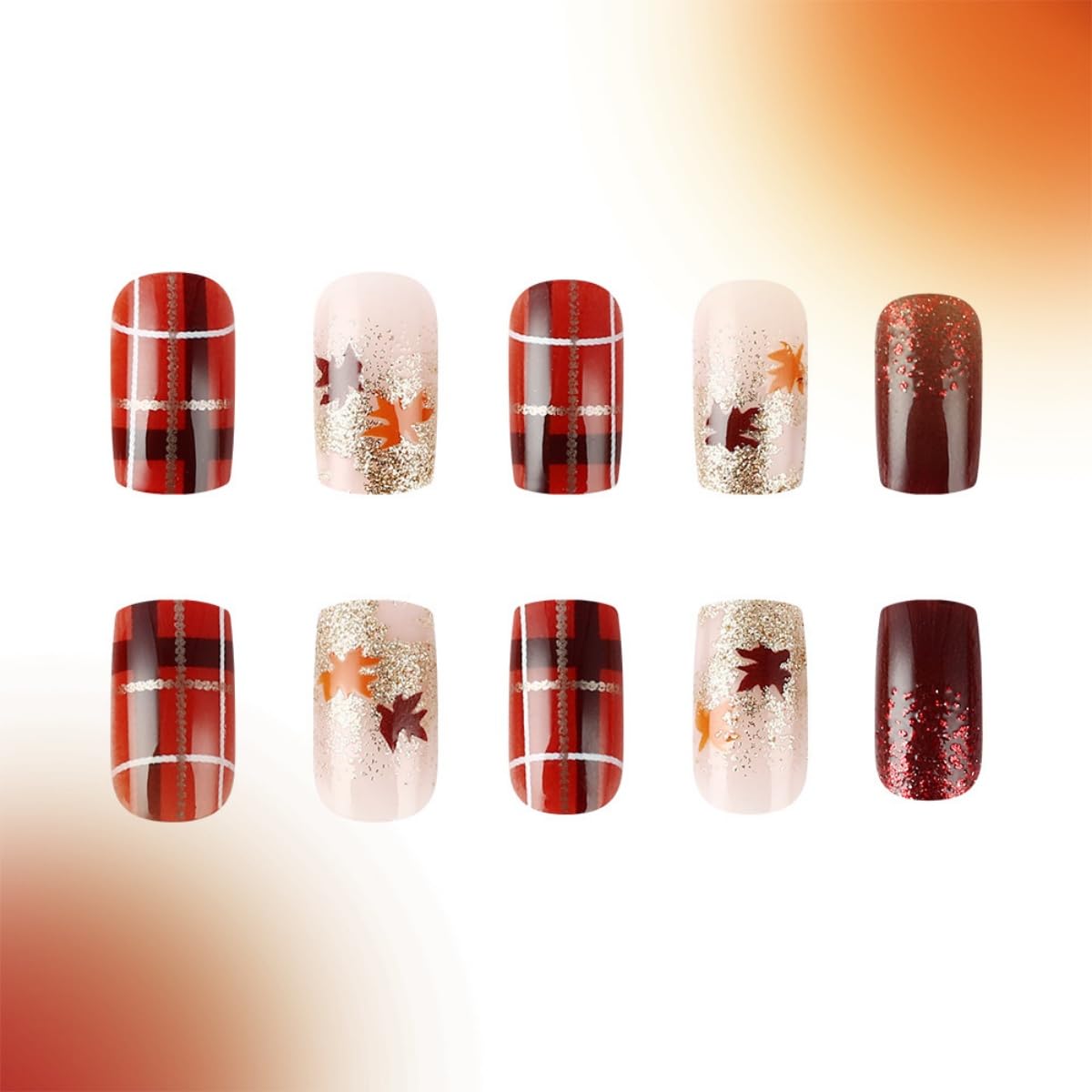 24Pcs Thanksgiving Press on nails Medium Square Fake Nails Maple Leaves Gold Line Design Stick on Nails Glitter False Nails Orange Full Cover Acrylic Glue on Nail for Women Nail Art Decoration