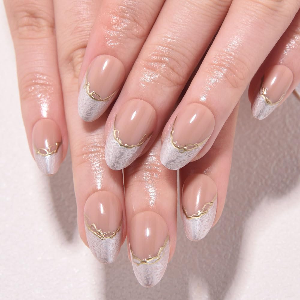 evpct French Tip Press On Nails Short Almond No Glue, Nude Gold Line & Pearl White Tips, Glossy Short Almond Fake False Press on Nails, Reusable Stick on nail Press ons Nail Kit, Salon-quality