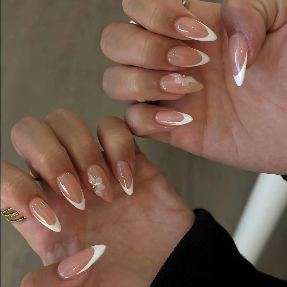 Handmade French Tip Press on Nail Almond Fake ons with Designs Chrome False Nails Long Glossy Full Cover Glue on Nails Stick Women Nails Manicure Decoration 10Pcs (MT-167-S)