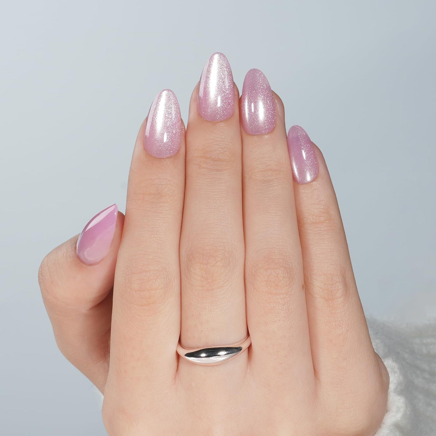 Pink Cat Eye Press On Nails Almond - Pink Short Almond Fake Nails, Cateye Press On Nails Reusable Stick On Nails in 16 Sizes, 32pcs False Nail Kit for Women & Girls (Petal Glow)