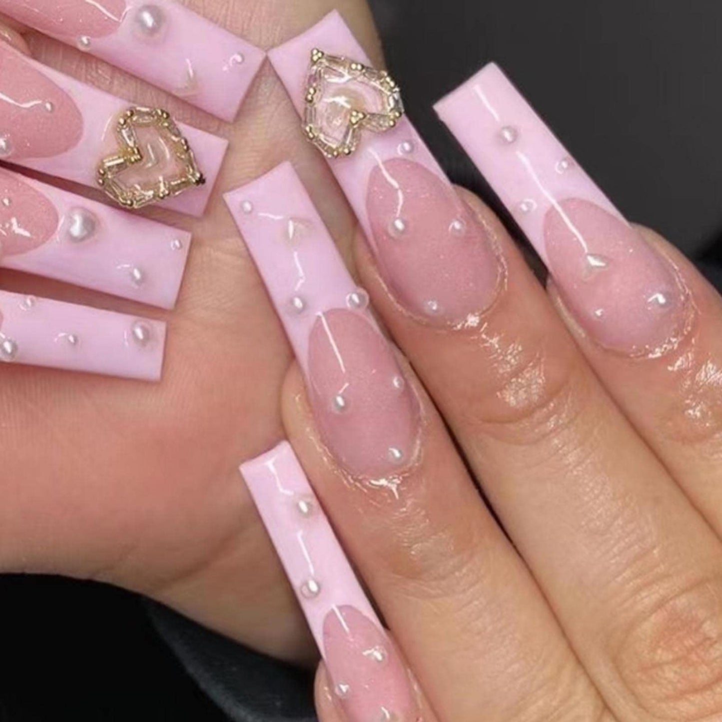 Hkanlre Coffin French Press on Nails Acrylic Heart Long Fake Nails Full Cover Ballerina Pink False Nails for Women and Girls 24PCS