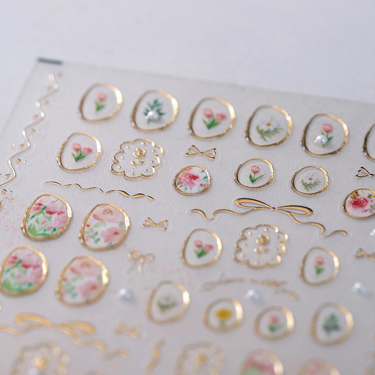 5D Embossed Flower Nail Art Stickers Cute Tulip Irregular Frame Gold Bow Hollow Designs Self Adhesive Nail Decals Bronzing Nail Sticker with Pearl Charms for Women DIY Nails Art Accessories