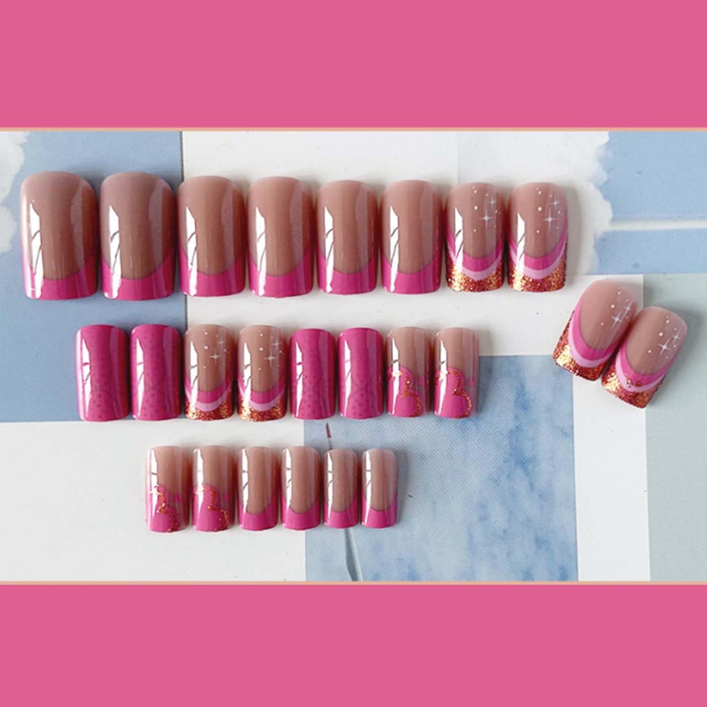 YoYoee Short Square False Nails French Love heart Press on Nails Full Cover Fake Nails Acrylic Rose Nails Tips for Women and Girls 24PCS