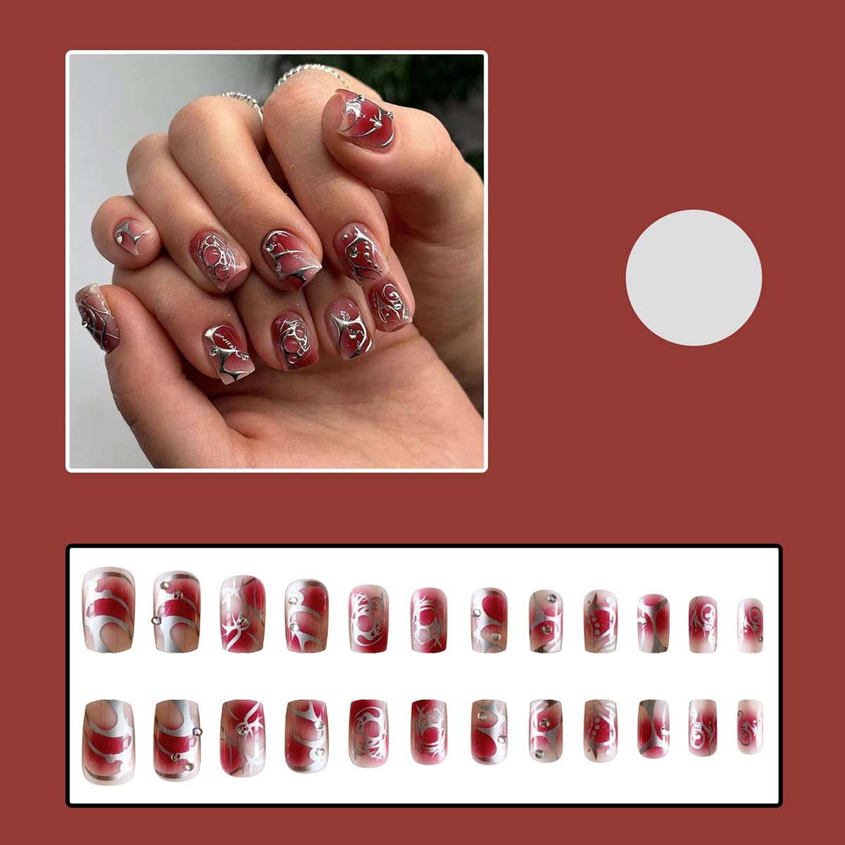 24Pcs Red Brown Ombre Fake Nails Short Square Press on Nails with Silver Line Rhinestones Charms Designs Nude Nail Tip Kit Glossy Full Cover Glue on Nails Reusable Stick on Nail for Women Manicure