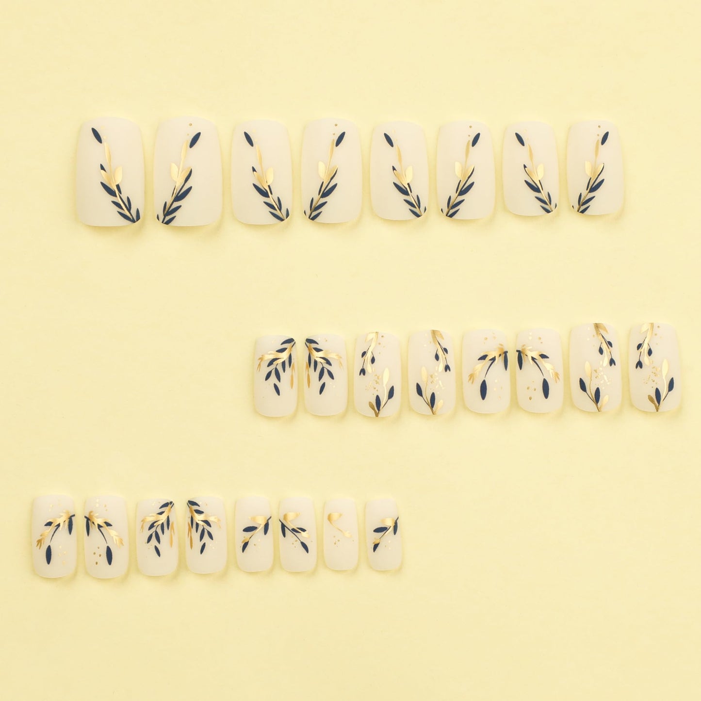 Gold Blue Leaves Press on Nails Medium Square Fake Nails Spring Summer White Matte False Nails Gold Foil Design Acrylic Glossy Artificial Fingernails Spring Stick on Nails for Women 24Pc