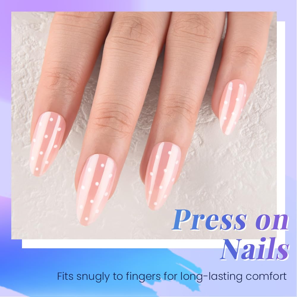evpct Nude Pink Glazed Press on Nails Medium Almond No Glue, Medium Almond with White Dot Design Chrome Metallic Aurora Stick on Nail for Women, Reusable Full Cover Soft Press on Fake Nail