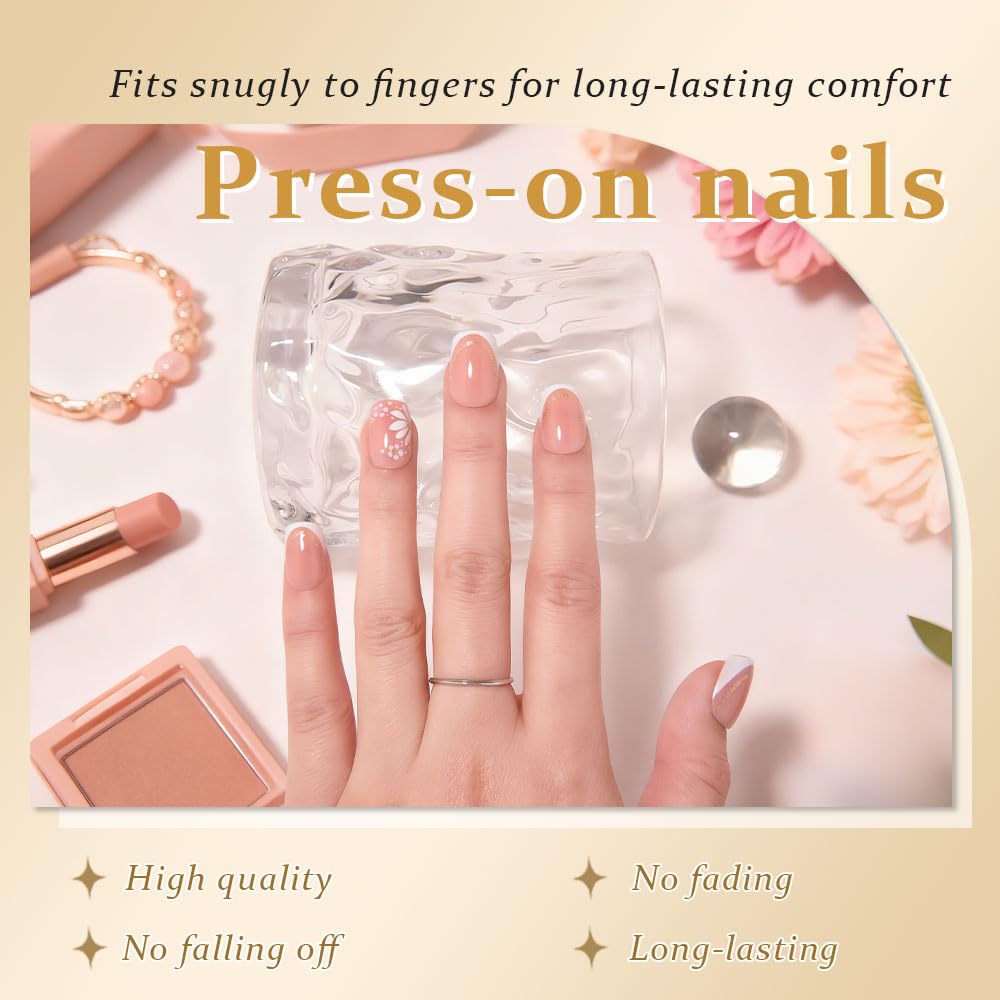 XZMeiLun French White Gold Press On Nails, Short Square Acrylic Fake Nails with 3D Gold Line French Tip Floral Design, Natural Reusable Glue-On Nails Kit for Women DIY Nail Art Decoration Gift