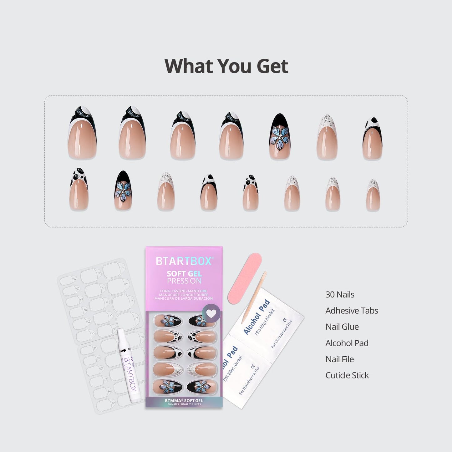 BTArtbox Press On Nails Medium - 3D Flower Almond French Tip Press On Nails with Glue for Women, Opaque Soft Gel Glue On Nails in 15 Sizes - 30 Stick On Nails Kit, Bessie & Bestie