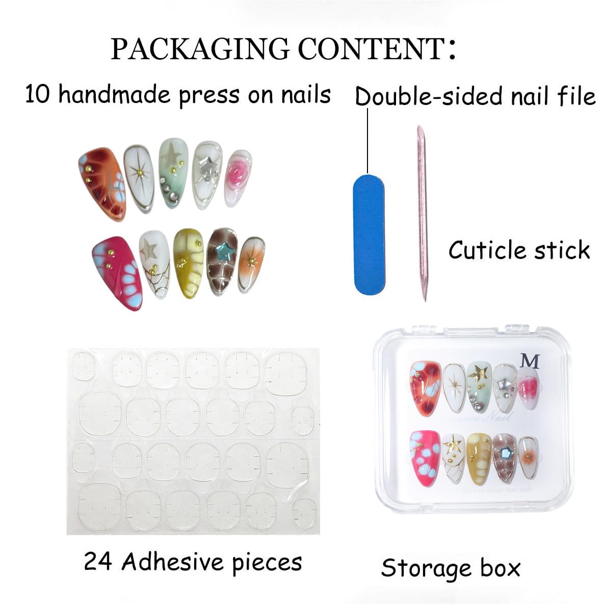 10Pcs Medium Almond Handmade Press On Nails | Easy Apply & Remove, Reusable Salon Quality Nails | Y2K Punk Multicolor Fake Nails with 3D Floral, Star & Gold Bead Accents (5U01, M)