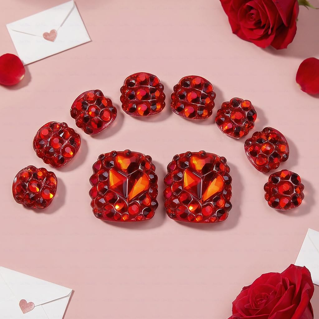 IntoVibes 10 Pieces Handmade Luxury Press On Toenails With Rde Bling Rhinestones, Full Cover, Press On Nails Stick On Toe Nails For Women Manicure, Acrylic Fake Toe Nails (M)