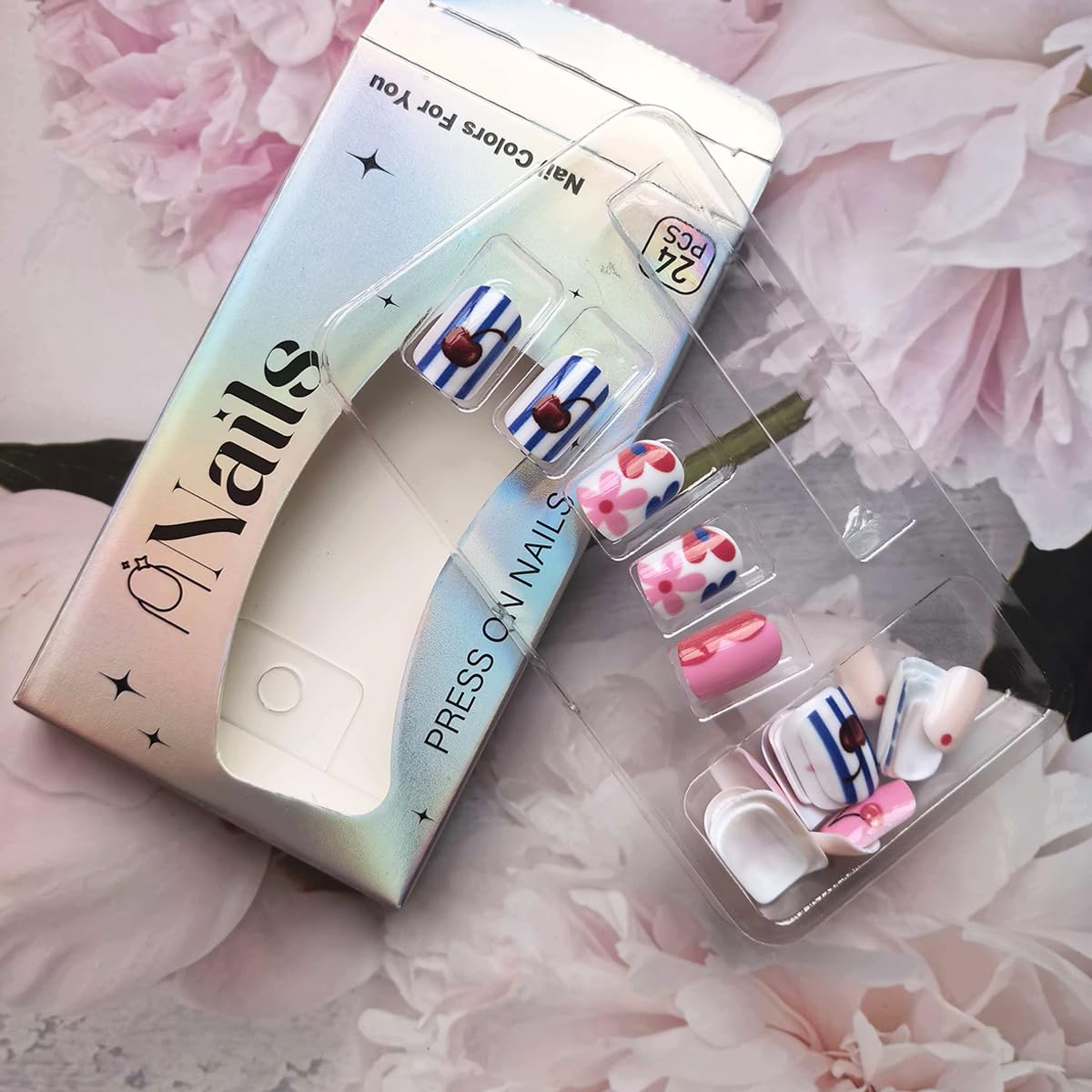 24Pcs Summer Press on Nails Short Square Fake Nails QUNQINLI False Nails with Cherry Starfish Flower Striped Designs Acrylic Nails Press ons Full Cover Glossy Glue on Nails Stick on Nail for Women