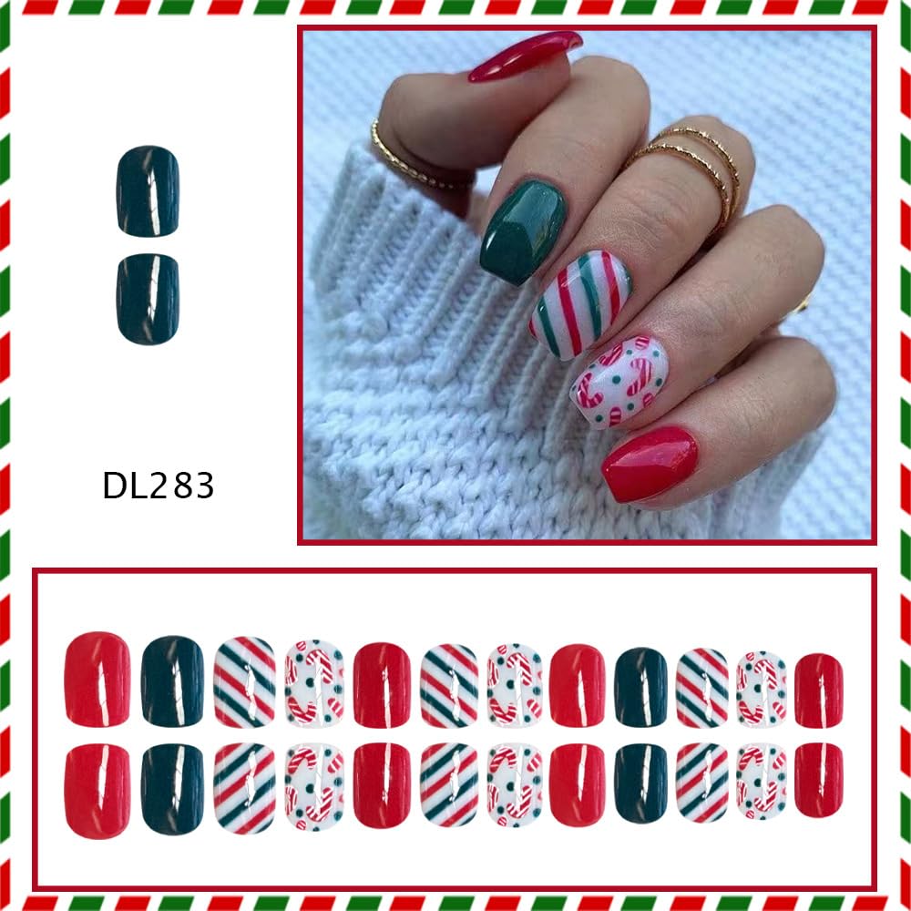 Christmas Short Press on Nails Crutch Square Fake Nails with Red Green Stripe Designs Xmas Winter Full Cover Stick on Nails Artificial Reusable Christmas Nails Glue on for Women Holiday Manicure Kit