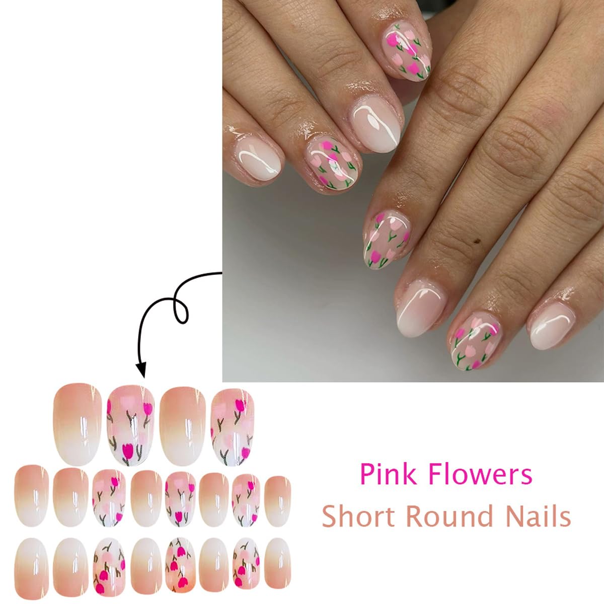 Spring Flower Press on False Nails Nude Ombre Fake Nails Short Oval Glue on Nails with Cute Flower Designs Glossy Press ons Stick on Nail for Women Manicure 24Pcs