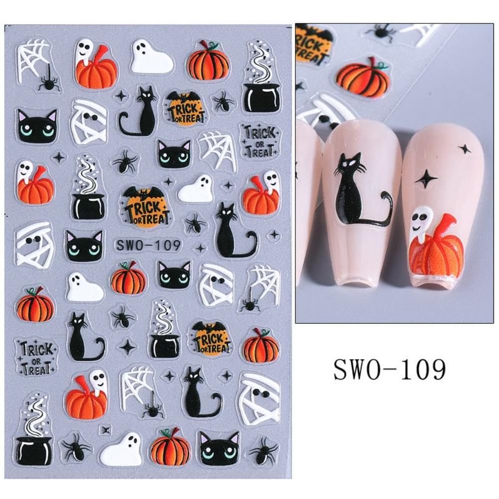 4 Sheets 5D Embossed Halloween Nail Stickers Cute Ghost Pumpkin Nail Art Stickers 3D Self-Adhesive Cat Nail Designs Flower Skeleton Holiday Spider Web Bandage Nails Supplies for Women Girls DIY