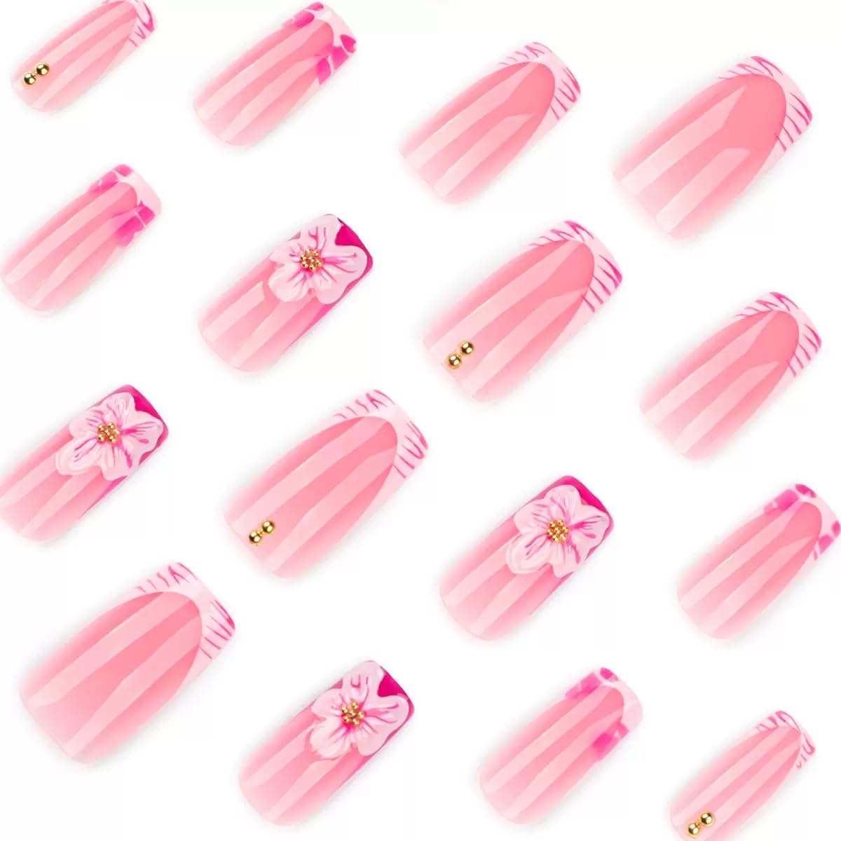 Medium Square Press on Nails - French Tip Fake Nails with 3D Flower Design - Pink False Nails Press ons - for Women 24 Pcs