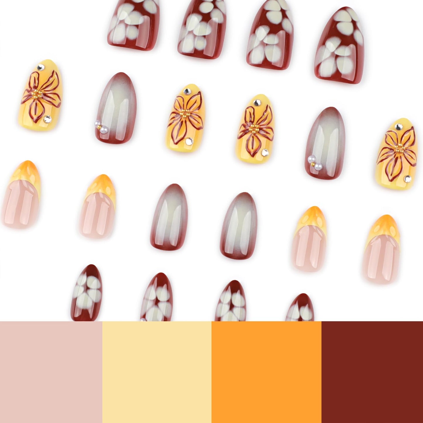 Mivota Yellow French Press On Nails Short Almond, Fall Fake Nails Adorned with Yellow and Burgundy Petal Accents, 3D Design, Glossy Gel Finish Acrylic Nails, Reusable Glue On Nails for Women, 24 Pcs