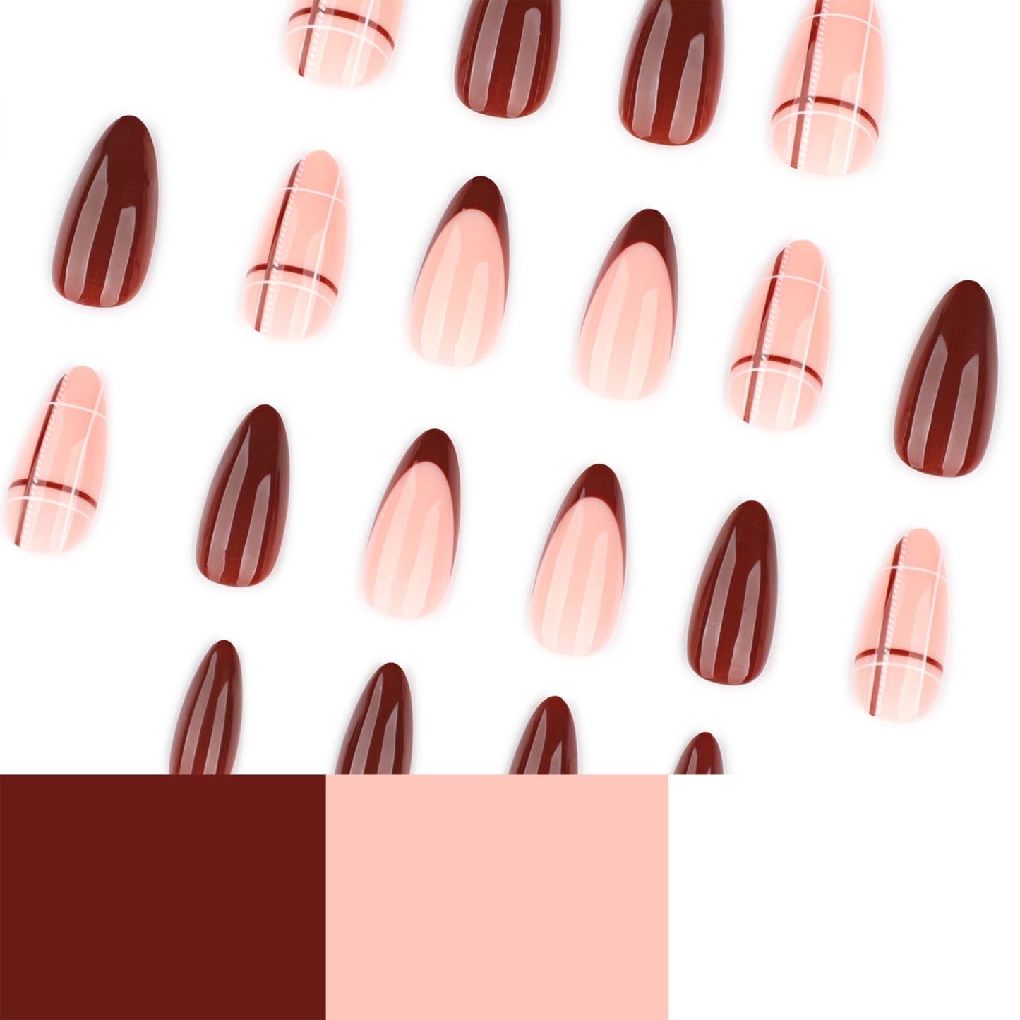 Mivota Almond Press On Nails Long Soft Gel Brown Plaid Fake Nails for Women, 24PCS Reusable Glossy Nude Brown False Nails with Glue, Trendy Checkered Design Stick On Nail Tips for DIY Salon Manicure