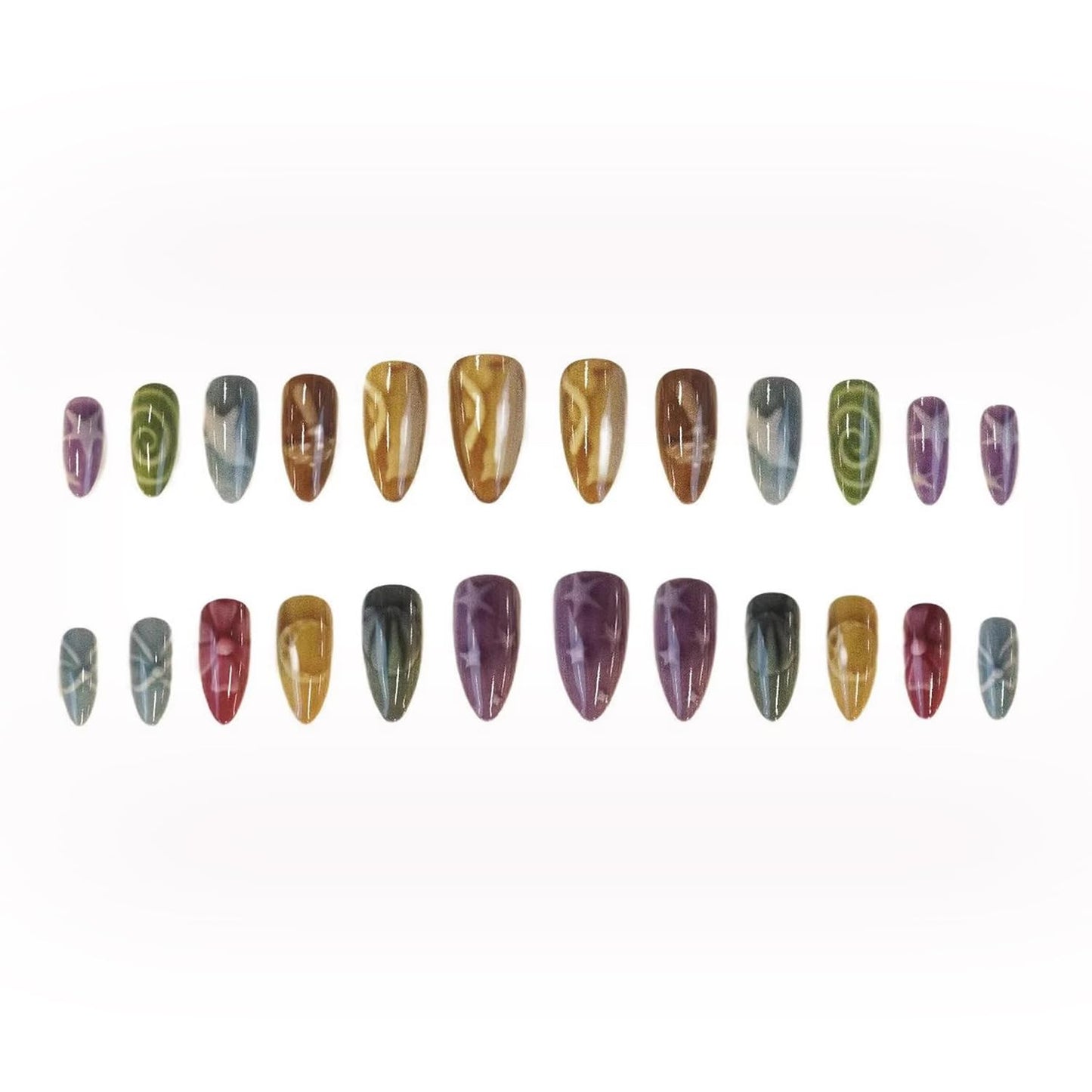 Press on Nails Medium Almond SWEKKE Fake Nails False Nails with Mushroom Stars Bow Flower Shell Designs Glossy Glue on Nail Full Cover Acrylic Nails for Women Girls 24Pcs