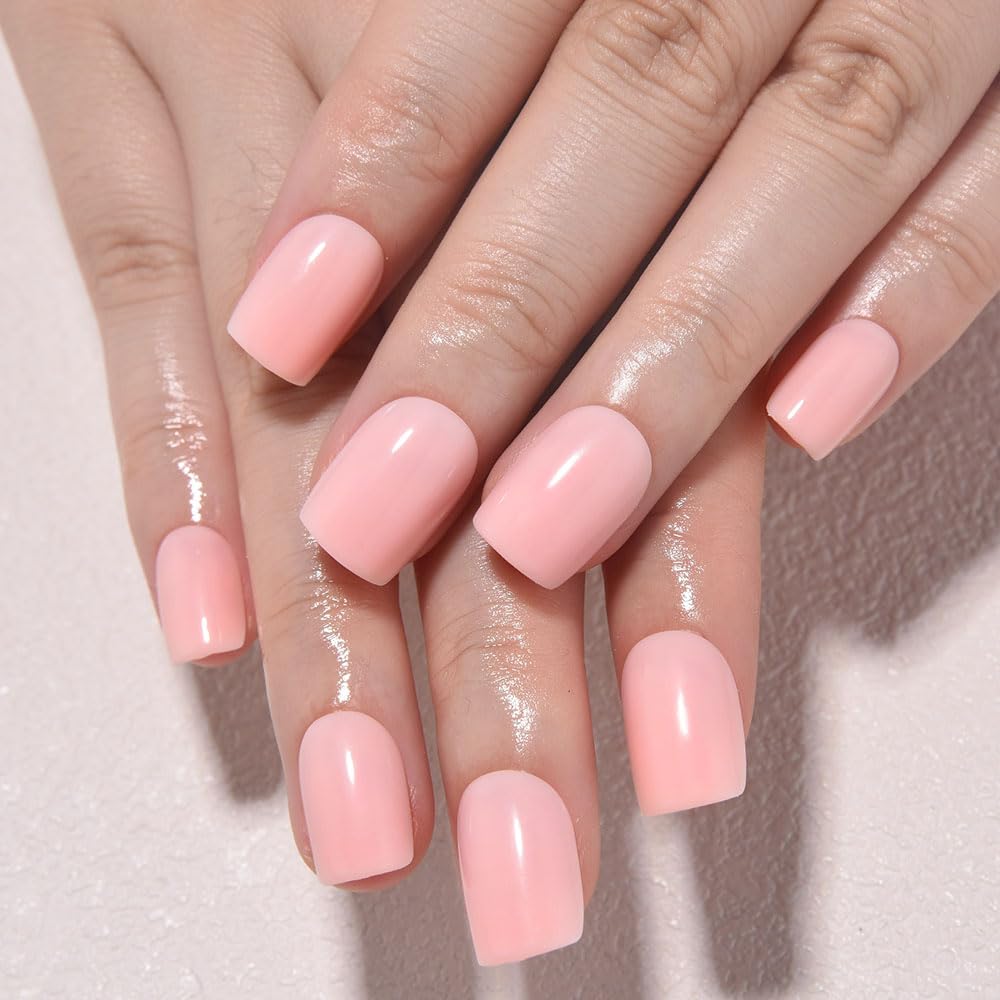 evpct Light Nude Pink Short Press on Nails Square, Glossy Soft Gel Acrylic Fake Press on Nail Manicure Kits, Reusable Artificial Stick on Nail for Women, Full Cover Easy Application Easy At-Home Salon