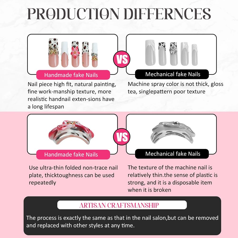 10pcs Handmade Press on Nails Long Stiletto False Nails Red French Tip Fake Nails with 3D Flower Designs Sparkly Charm luxury Artificial Nails Reusable for Women (Size M）