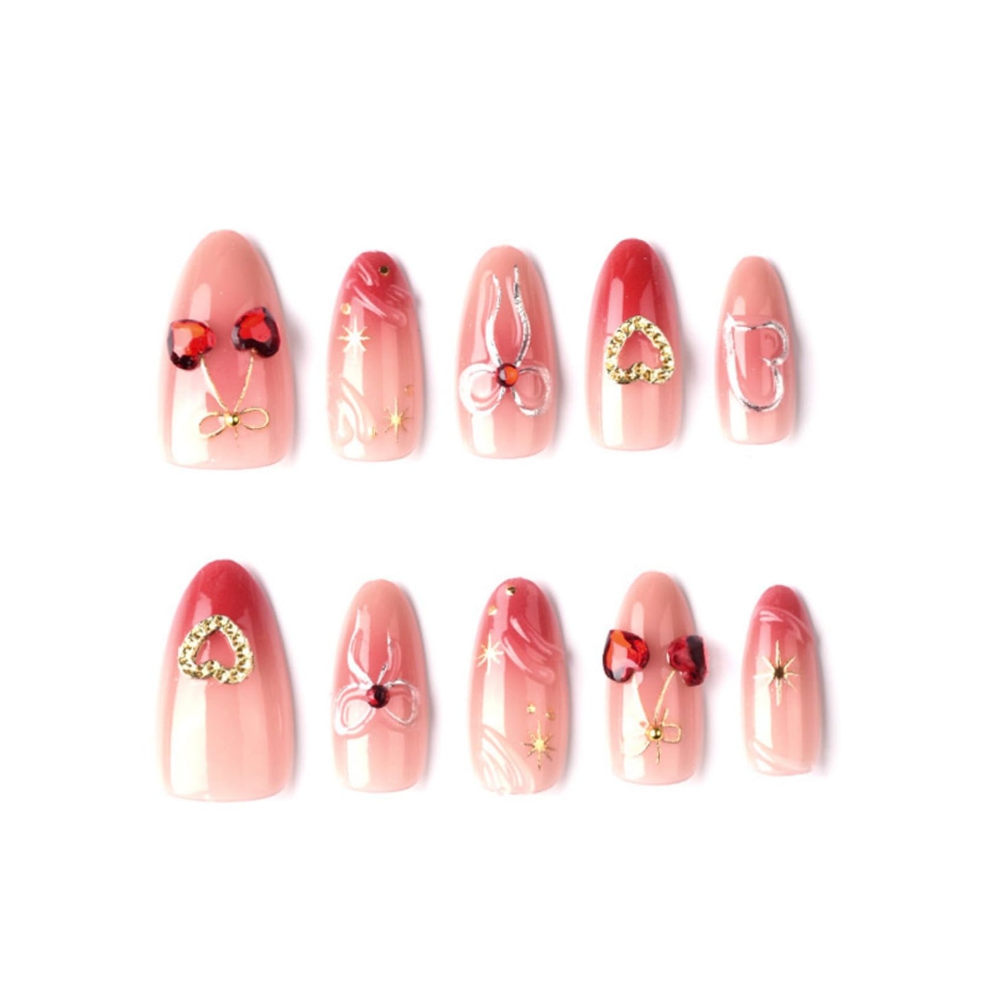Medium Almond Press on Nails for Women, Fake Nails with Heart & Gold Bow Artificial Stick on Nails