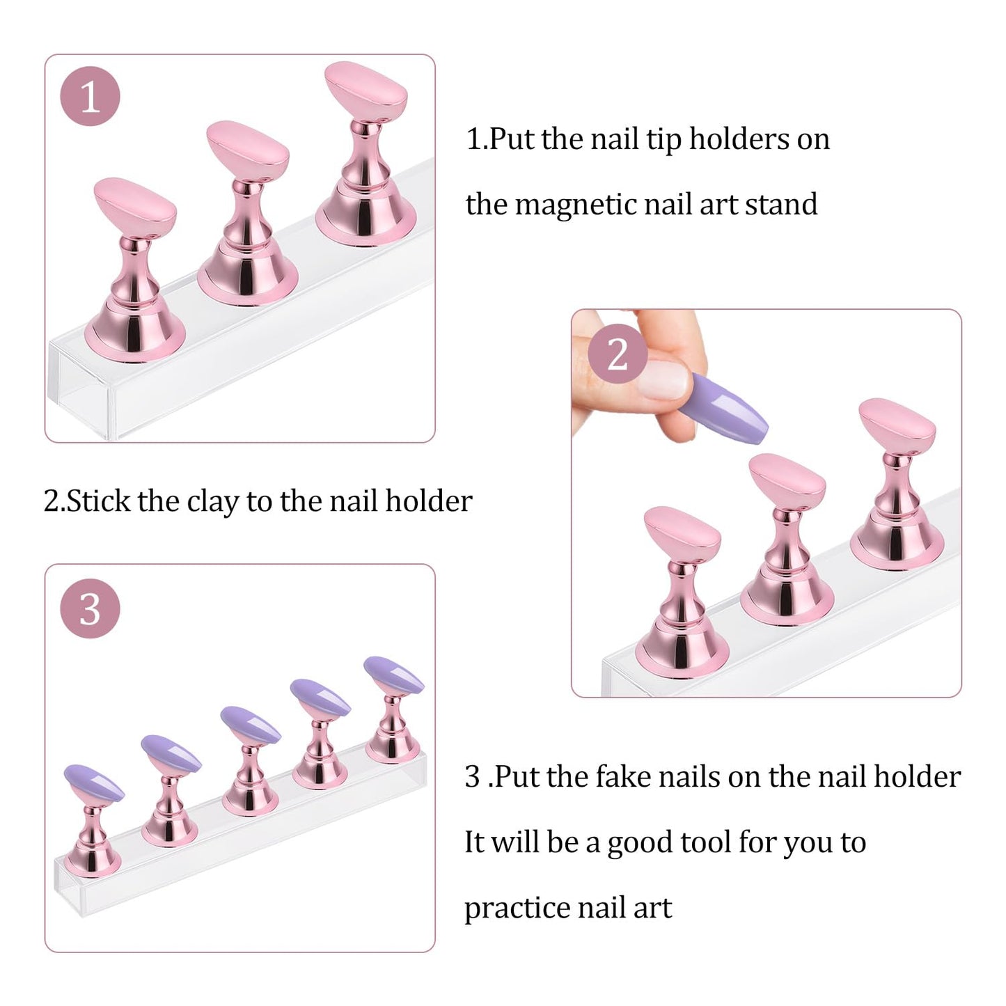 Etercycle Acrylic Nail Display Stand DIY Nail Crystal Holder Magnetic Practice Stands with Reusable Adhesive Putty Clay for False Nail Tip Manicure Tool (Pink)