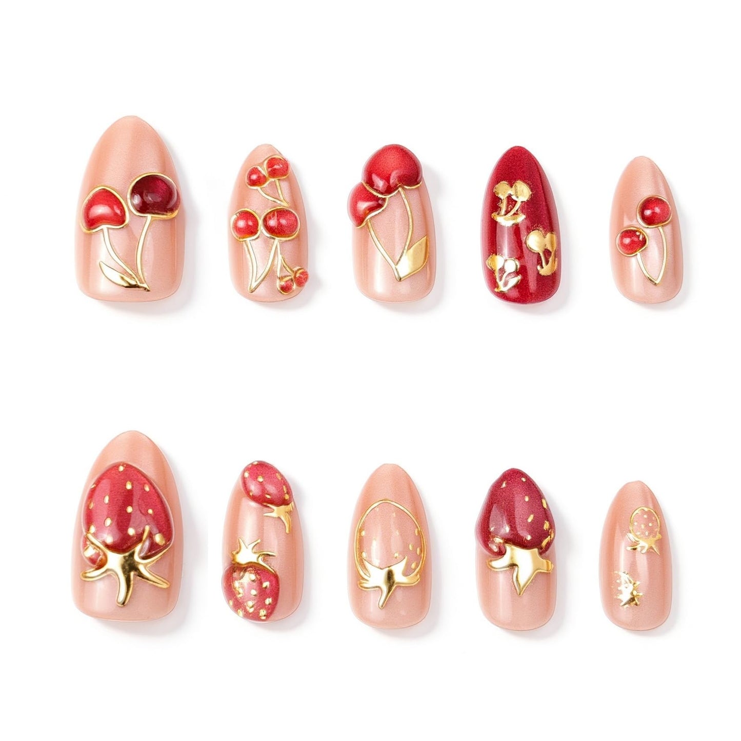 Medium Almond Press on Nails for Women Cherry Strawberry,Fake Nails Artificial Stick on Nail