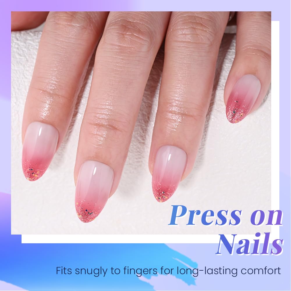 evpct Ombre Peach Pink Press on Nails Short Almond, Sparkle Tip Nail Glossy Stick on Nail for Women Gift with Manicure Kit, Reusable Full Cover Soft Stick on Fake Nails with Ombre Design Perfectly Fit