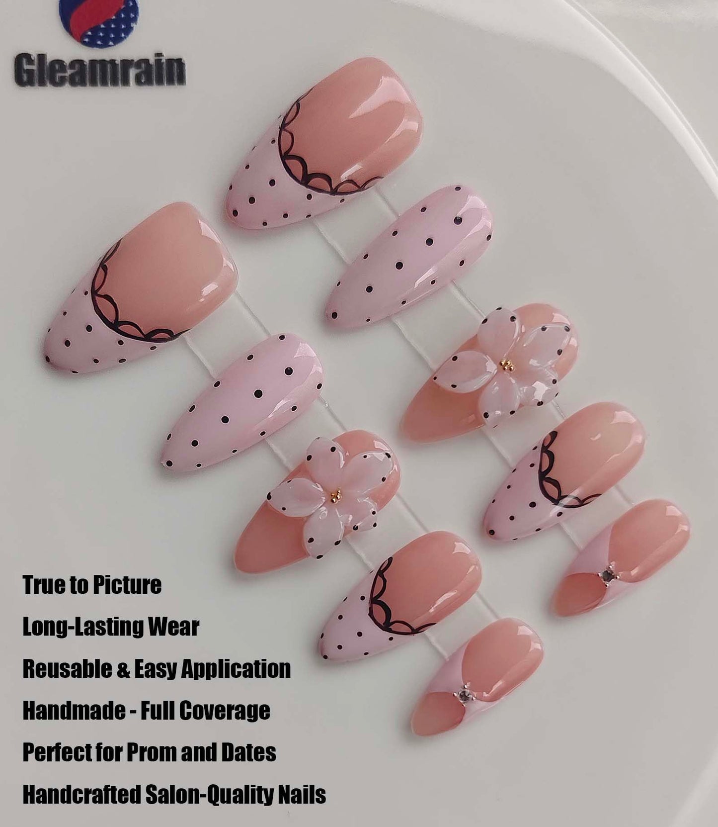 Gleamrain Glam Almond Medium Handmade Press on Nails Cute for Women, Gleamrain Handcrafted Floral and Polka Dots Design Reusable Full Cover Fake Nail Pink for Daily Wear Party Birthday D322
