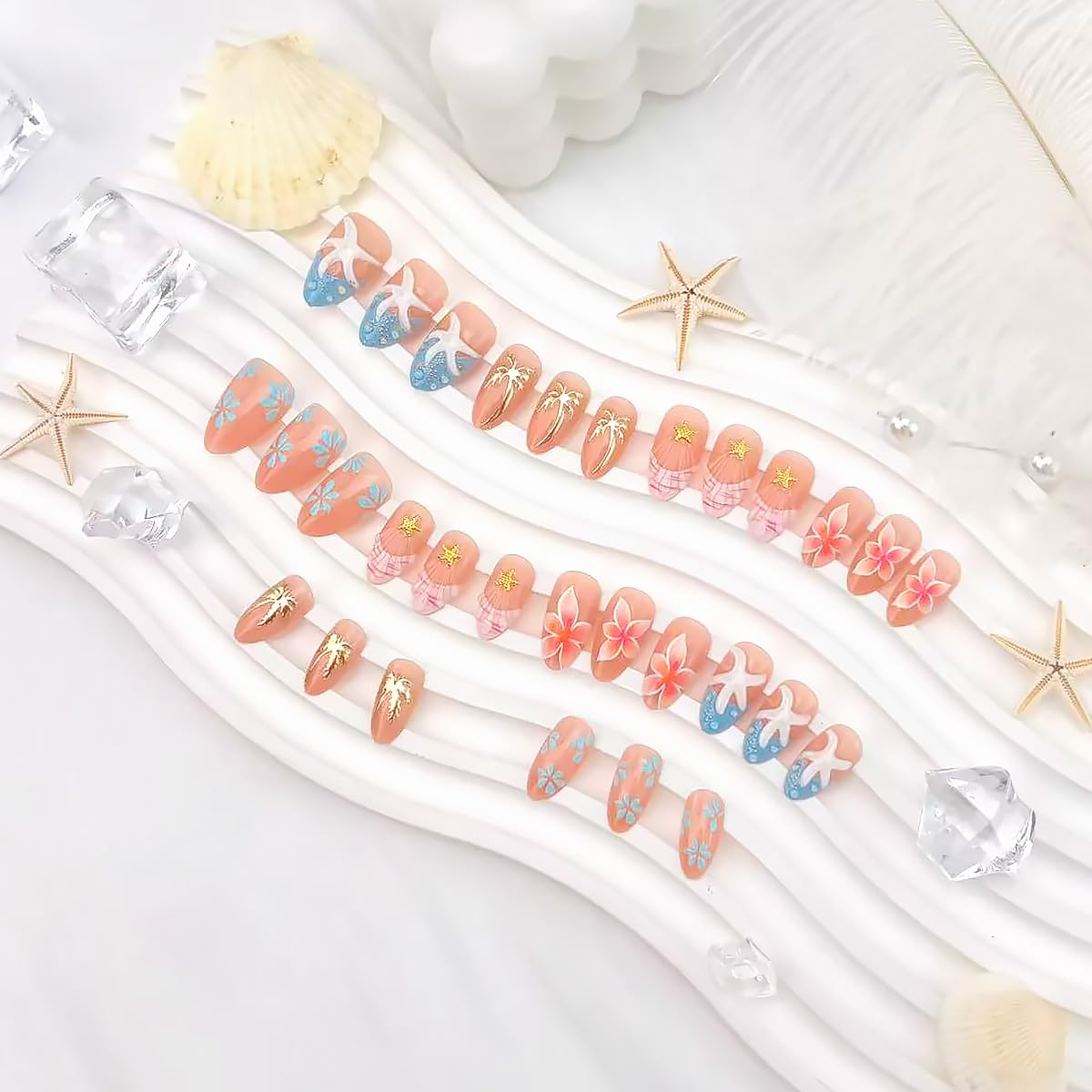 30Pcs Summer Press on Nails Medium Almond Fake Nails with Gilding Coconut Tree Design Blue Glitter French Tip False Nails Starfish Artificial Stick on Nails Full Cover Glue on Nail for Women Manicure
