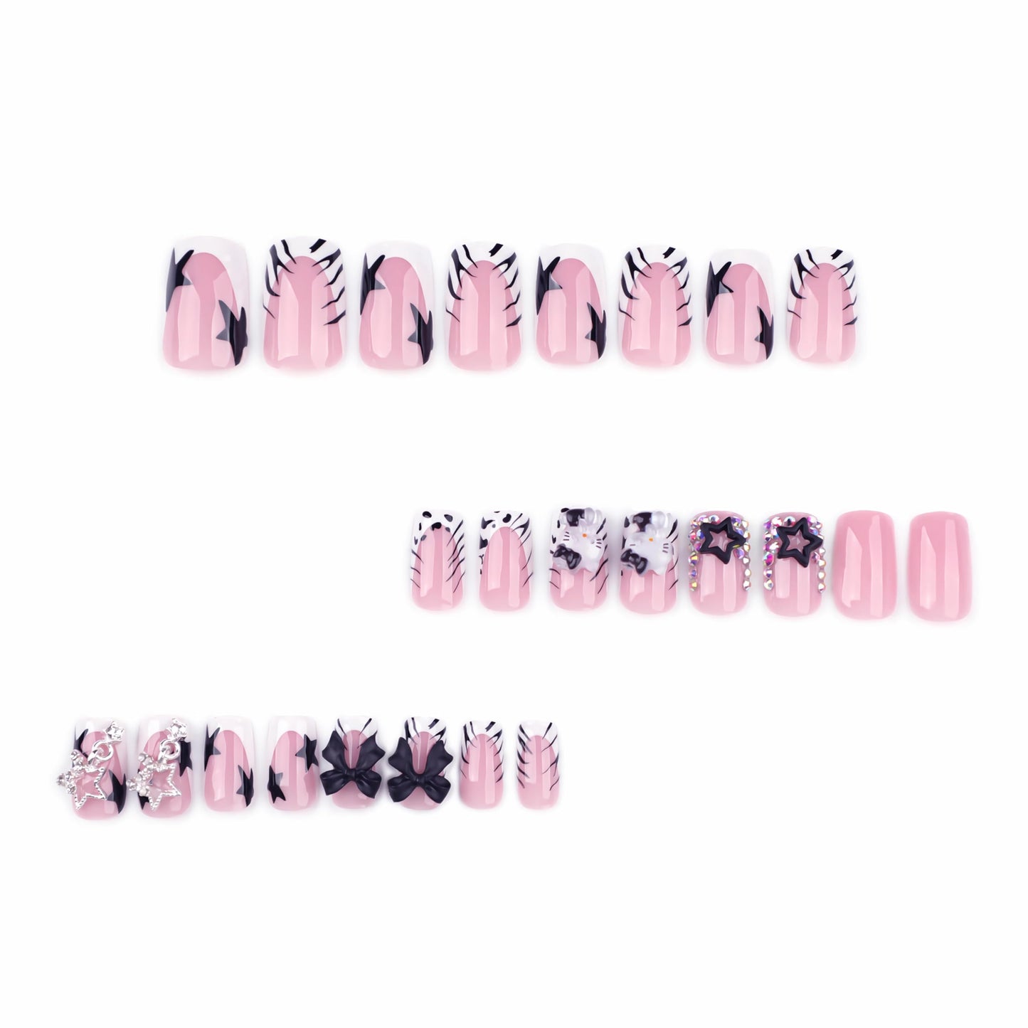 BABALAL French Tip Press on Nails Short Square Fake Nails with Bow Charms Designs Black White Zebra Print False Nails Silver Star Y2k Acrylic Nail Handmade Stick on Nails for Women Girls Kids 24Pcs