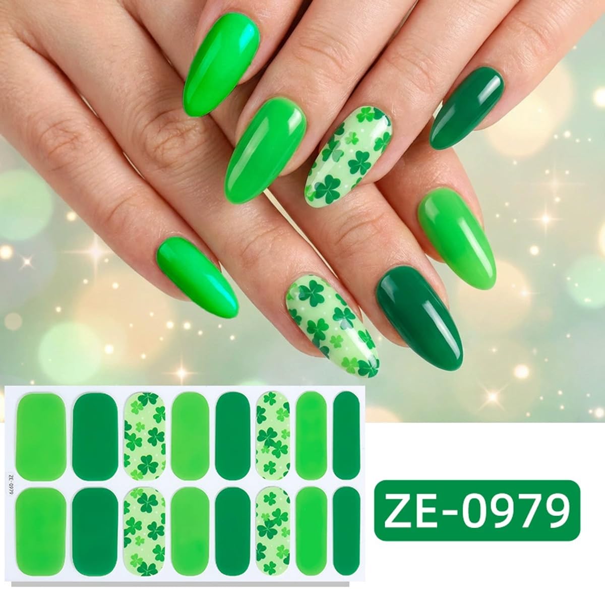 4 Sheets St Patrick’s Day Gel Nail Stickers for Nail Art Shamrock Gel Nail Polish Strips Green Clover with Glitter Design Green Irish Stickers Full Wrap Gel Nail Strips Sticker for Manicure Salon