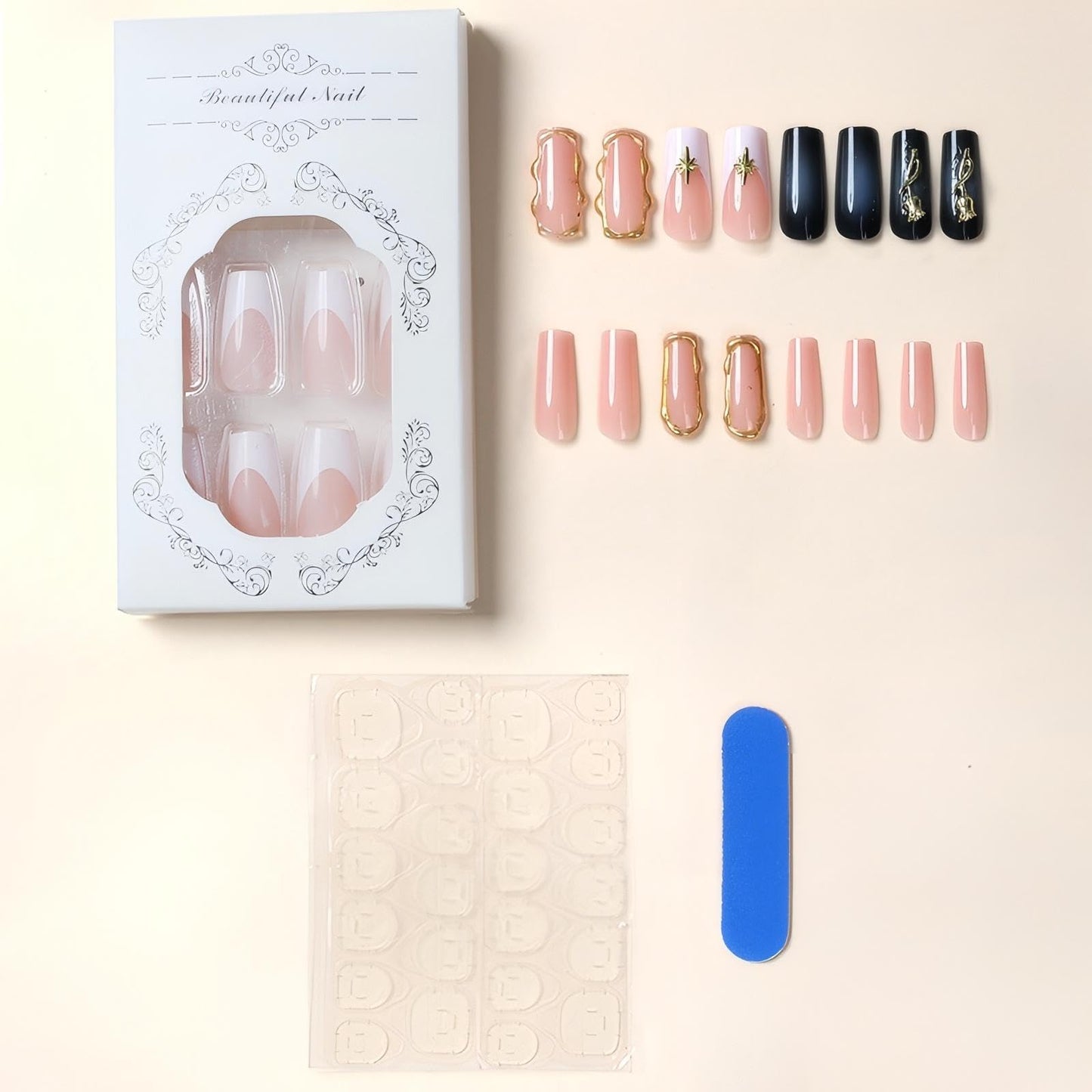 Rchovsam xl Square Press on Nails Long French Tip Fake Nails Gold Rose Designs Nails Press Ons White French Glue on Nail Acrylic Full Cover Gel False Nail Gift for Women 24pcs