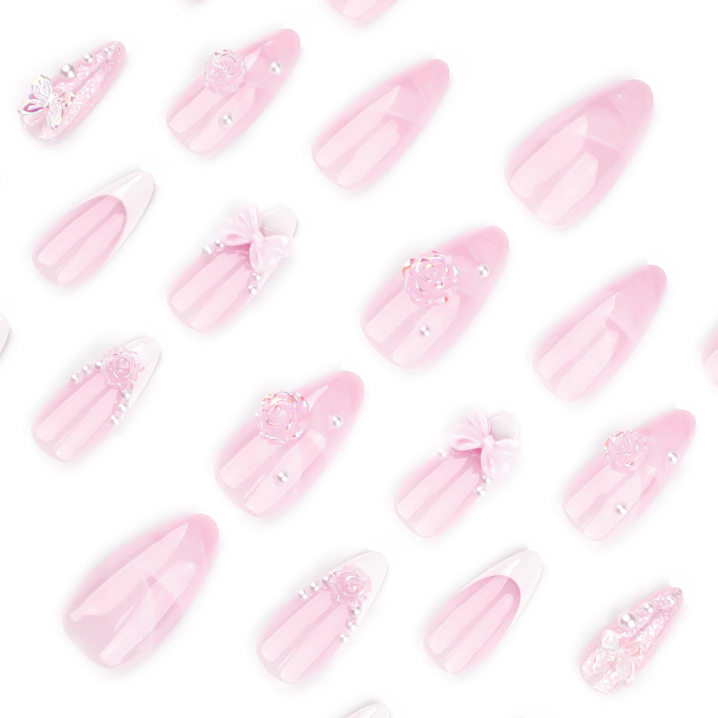 24 Pcs White French Tip Press on Nails Almond Medium Fake Nails with Glue Cute Pink False Nails with 3D Flower Bow Design Handmade Nails Glossy Holiday Glue on Nails Reusable Stick on Nails for Women