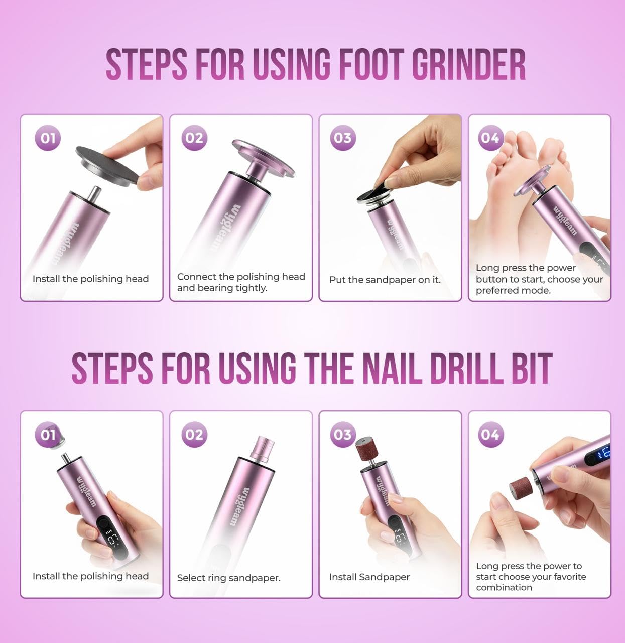 Wygleam Electric Callus Remover for Feet & Nail File Drill Kit - 2 in 1 Rechargeable Pedicure Tools for Flawless Feet - Professional Foot File with 3 Speeds for Dead Skin Removal - At Home Pedicure