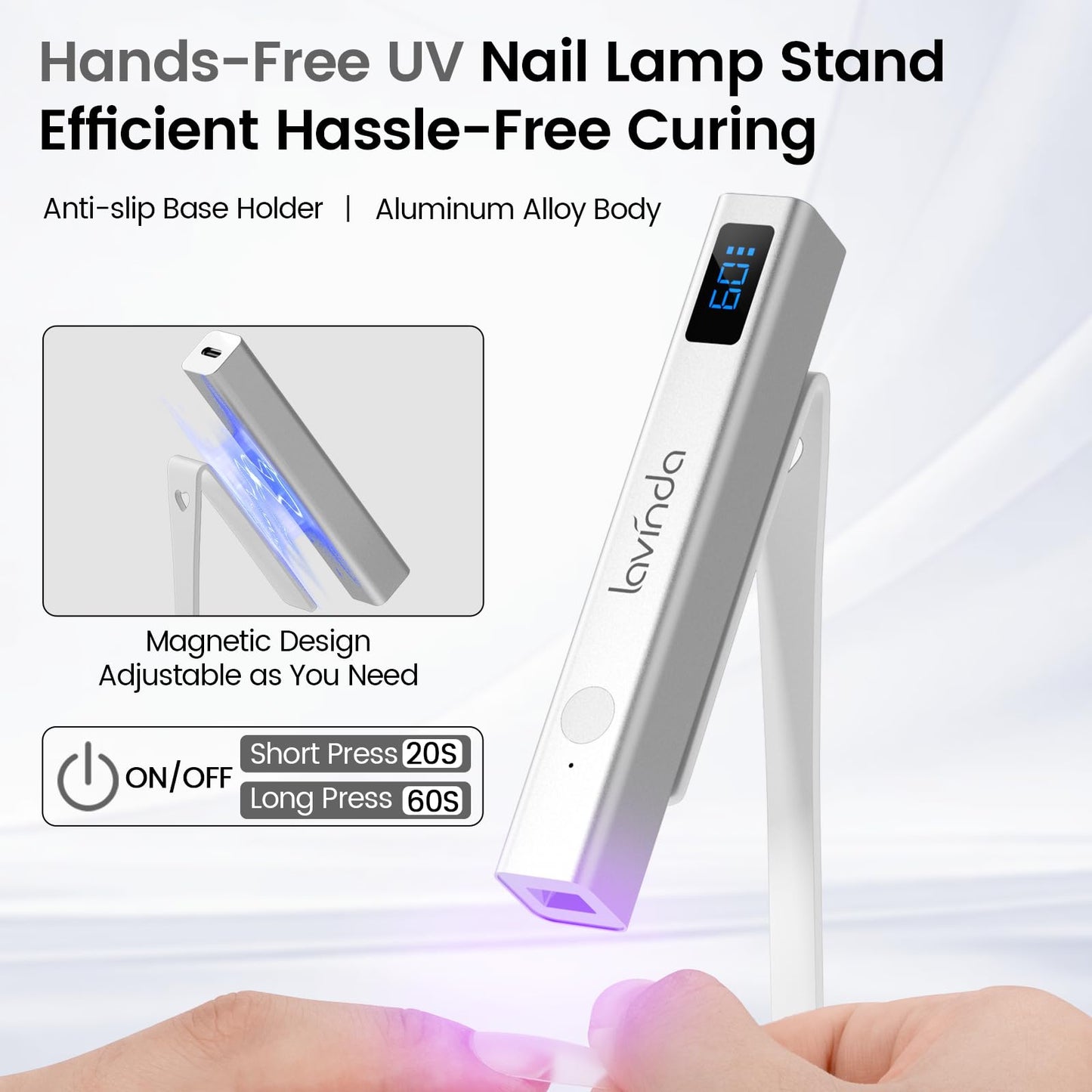 Lavinda Handheld UV Light for Gel Nails with Stand, Mini Nail Lamp with LCD Display, Portable Cordless Rechargeable UV Led Nail Lamp Nail Dryer for Fast Curing Gel Polish for Home DIY Manicure
