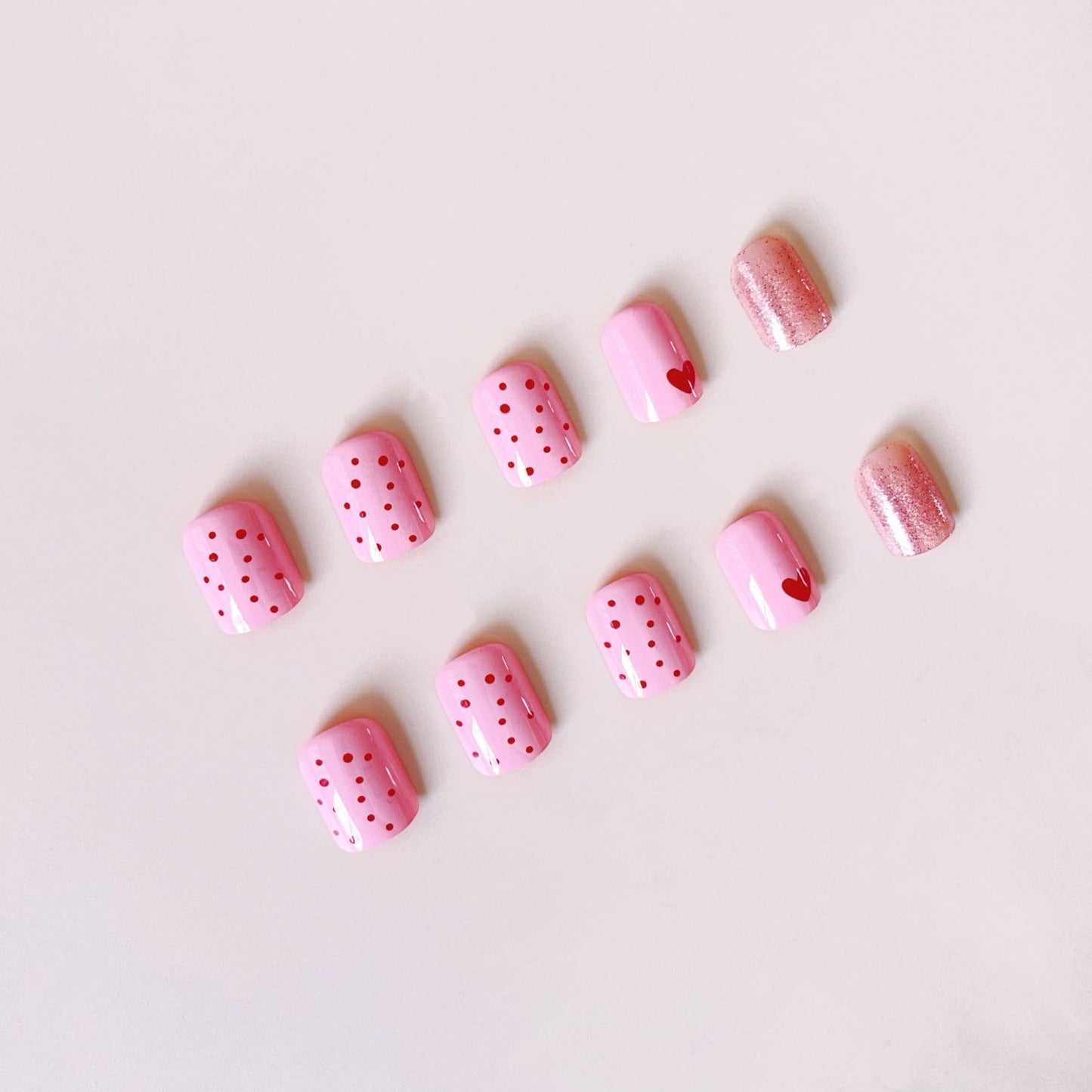 Valentine Pink Press on Nails Short Square Fake Nails Red Polka Dot - Glitter Heart Valentine False Nails for Women Line Full Cover Glue on Nails Reusable Short Acrylic Nails Manicure Kit 24Pcs