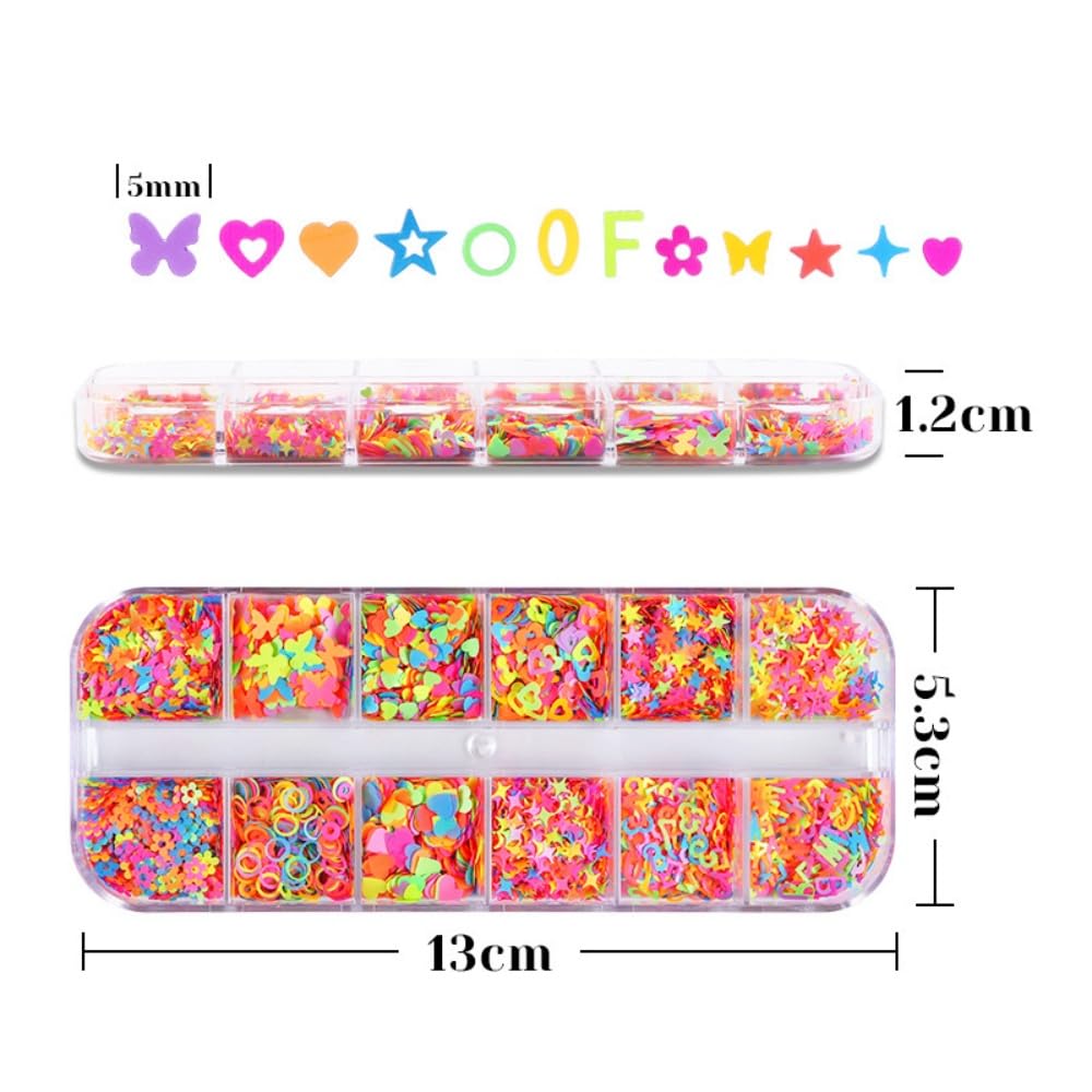 1 Box Holographic Heart Star Nail Glitter Butterfly Flower Nail Sequins 3D Letter Alphabet Nail Flakes Sparkly Powder Flakes Shiny Nail Glitter Figure Nail Sequins Glitter for Nails Art 12 Grids