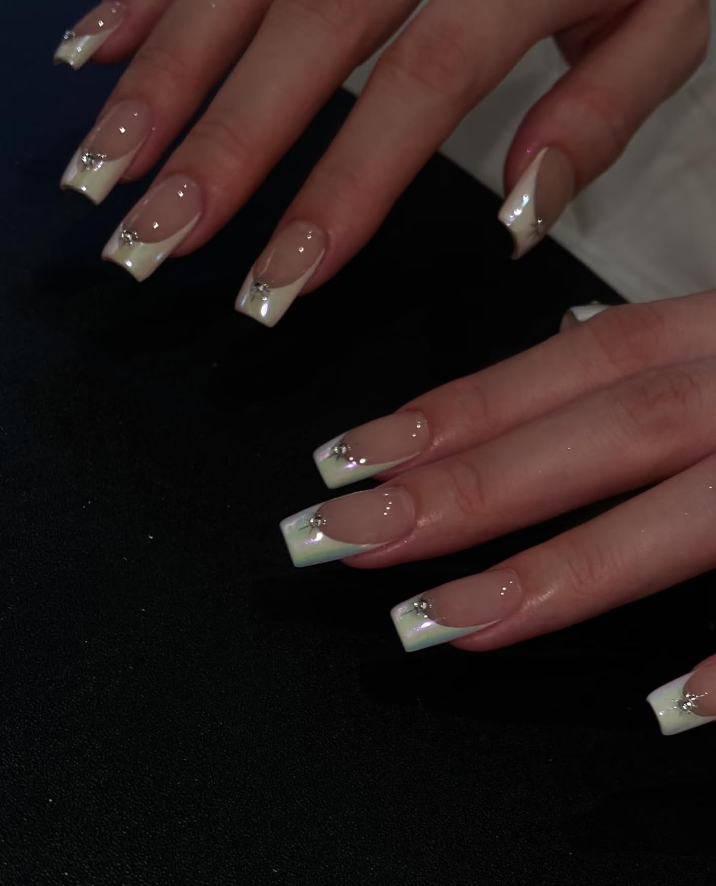 CurvLife Press On Nails – 30PCS Full Cover False Natural Fit Soft Gel Fake Nails Tips, Easy to Apply at Home Glue On False Nails Kit (Pearl French Rhinestones, Long)