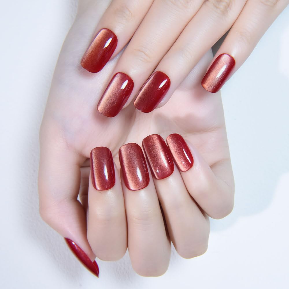 XZMeiLun Cat Eye Press On Nails - Glitter Rose Red Medium Square Magnetic Acrylic Fake Nails, Stylish Design, Salon-Quality Shiny Finish, Reusable Stick On Nails Kit for Women (No Glue Included)