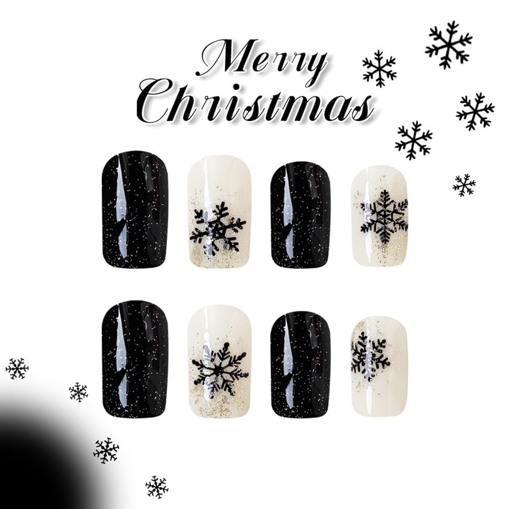 Christmas Press on Nails Short - Square Fake Nails with Black Snowflake Design - Glitter, Winter Full Cover Stick on False Nails - for Women 24 Pcs